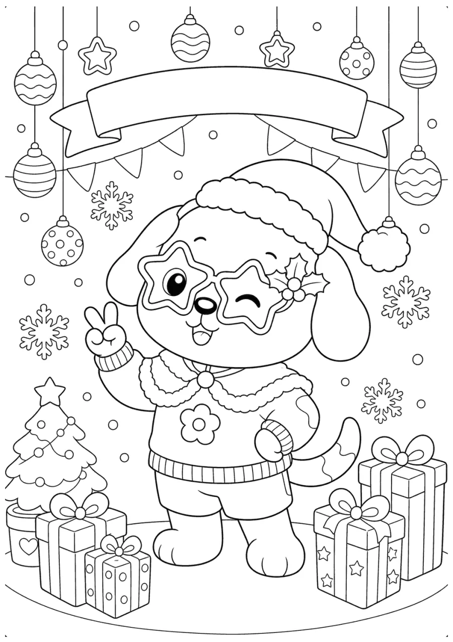 Christmas Dog in a Santa Hat with Ornaments