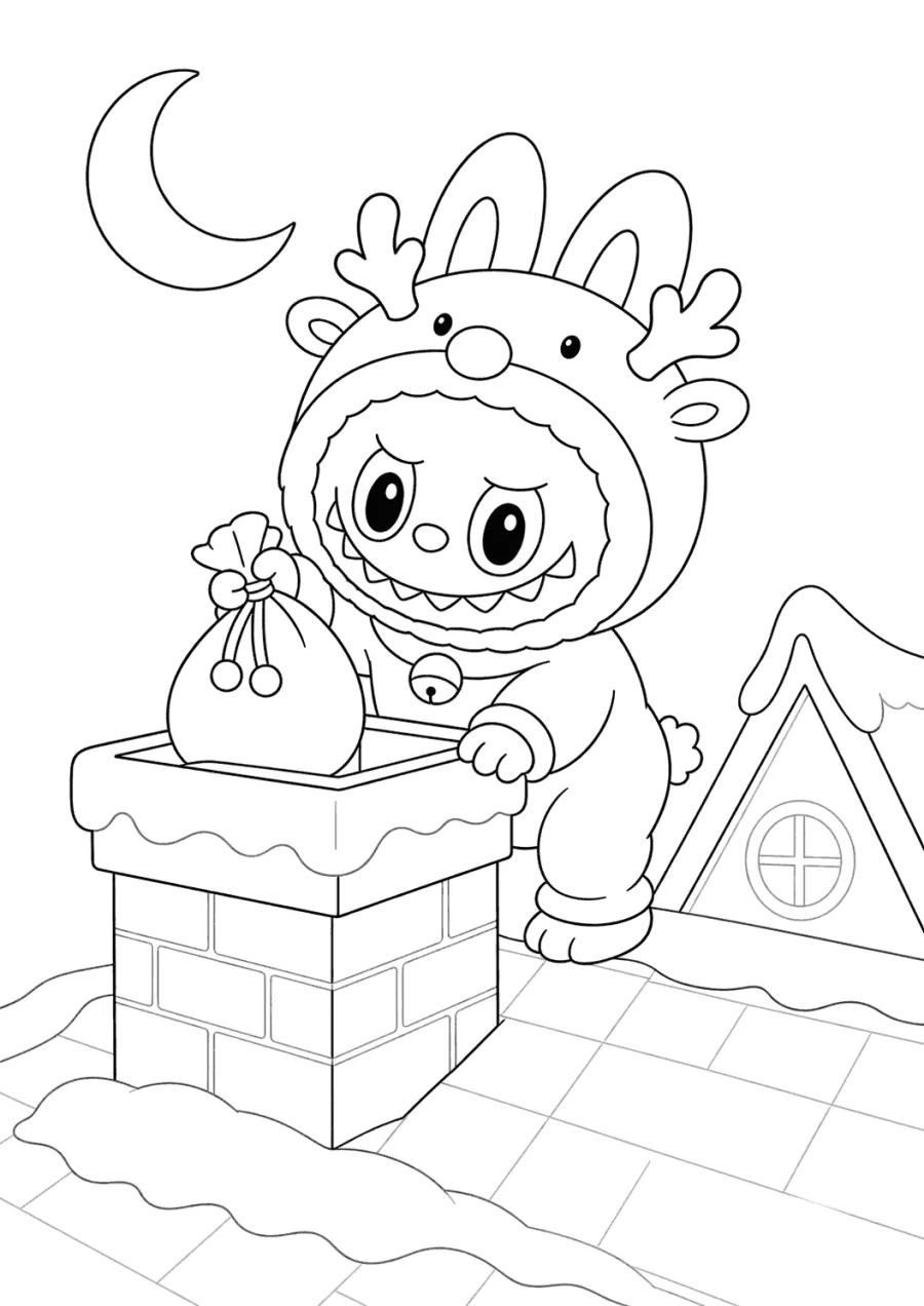 Christmas Labubu Climbing Down a Chimney