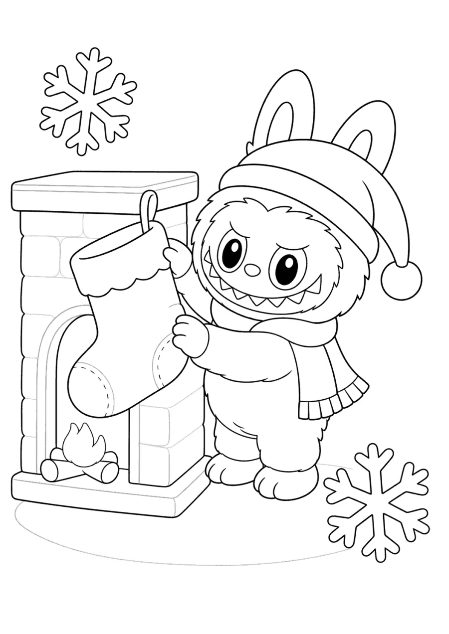 Christmas Labubu Hanging a Stocking by the Fireplace