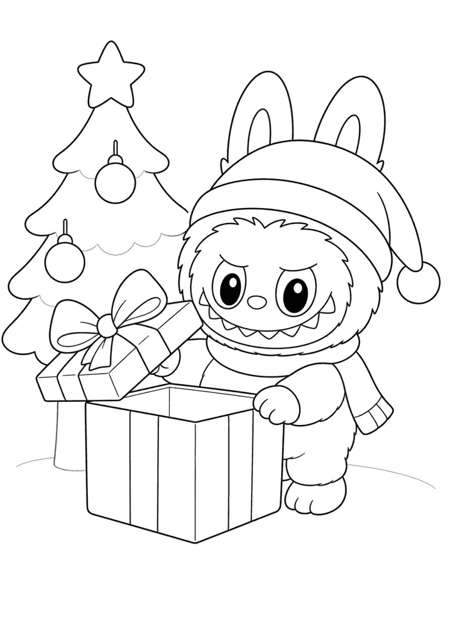 Christmas Labubu Opening a Gift Box
