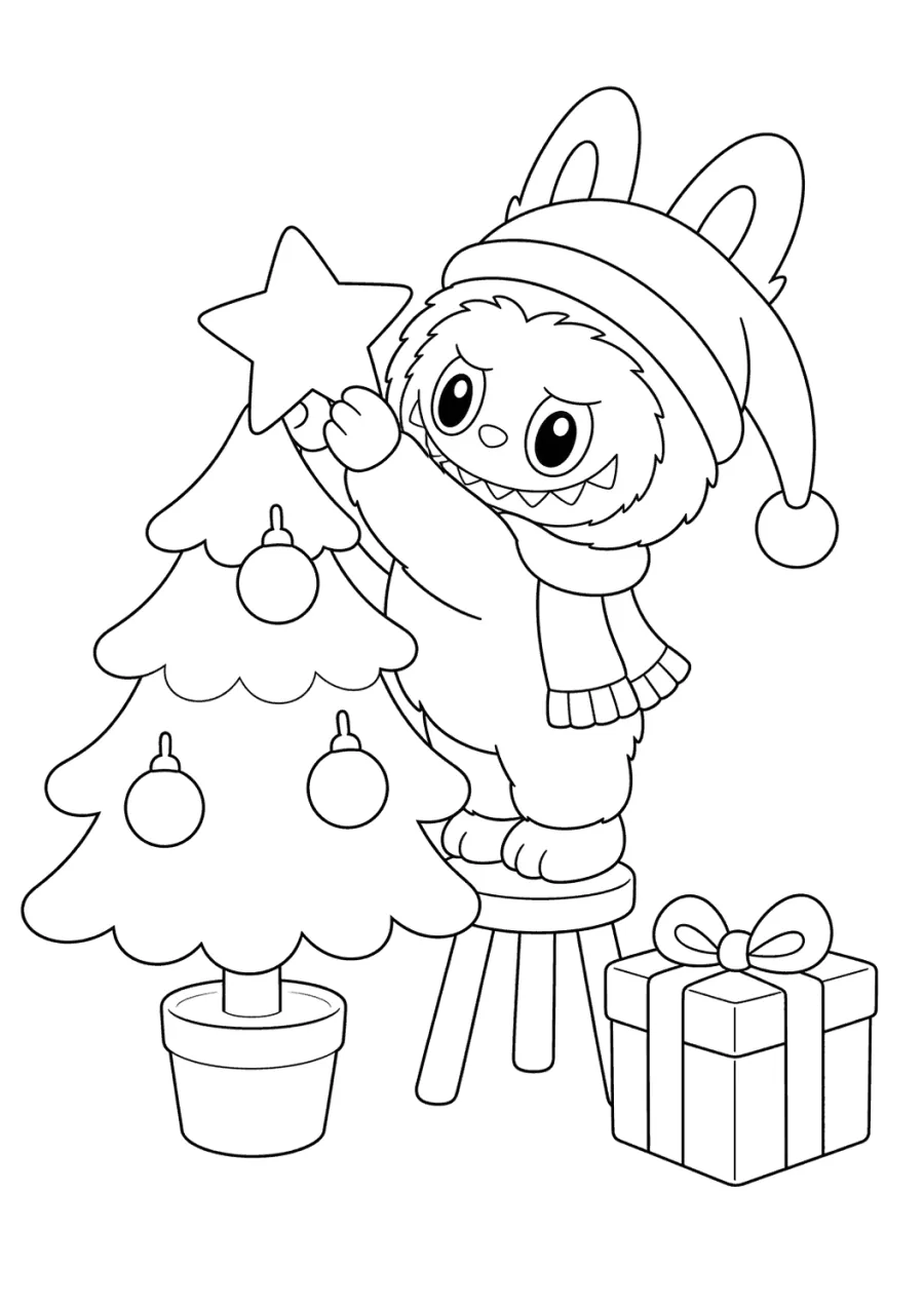 Christmas Labubu Placing a Star on the Tree