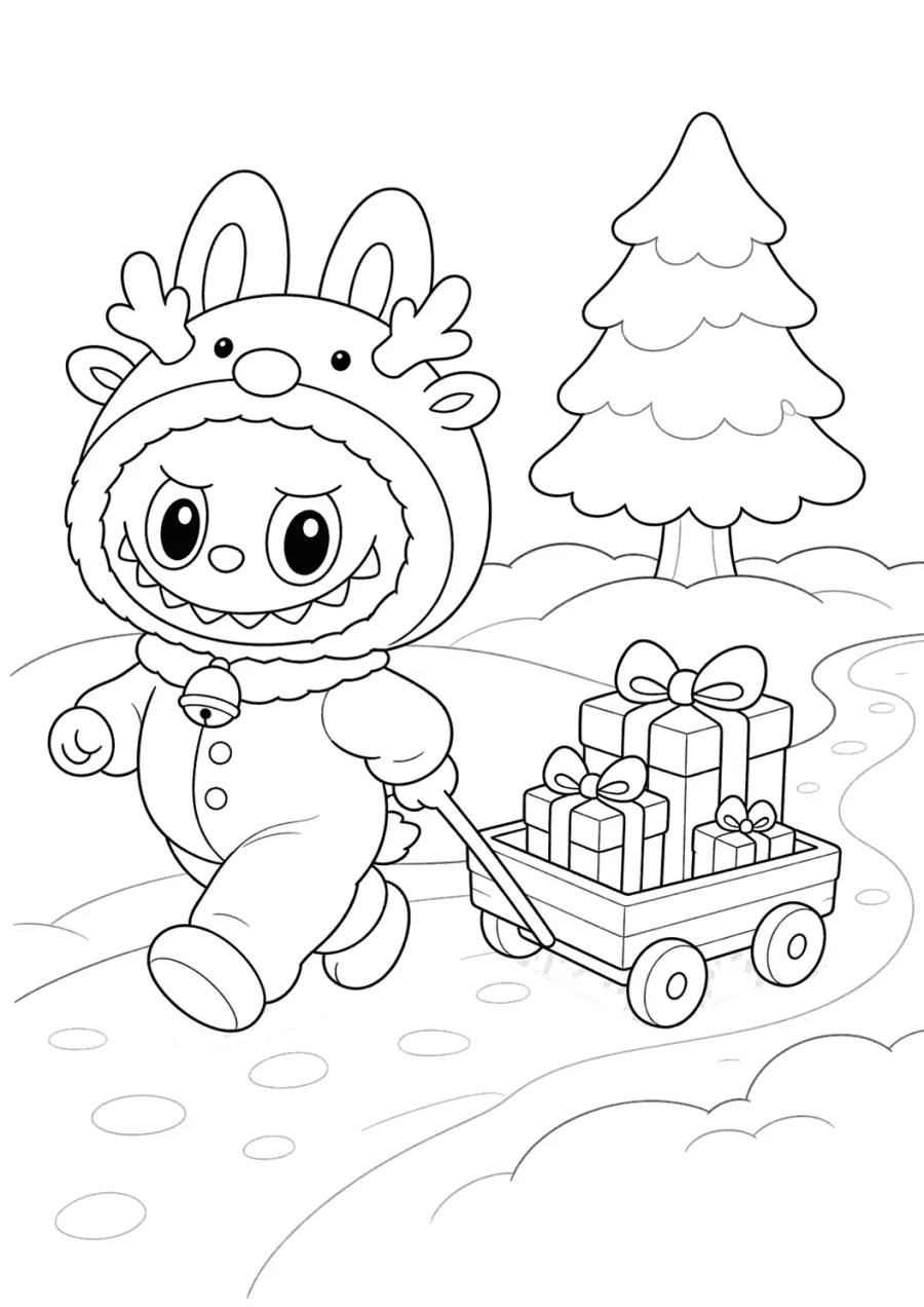Christmas Labubu Pulling Gifts in a Reindeer Cart