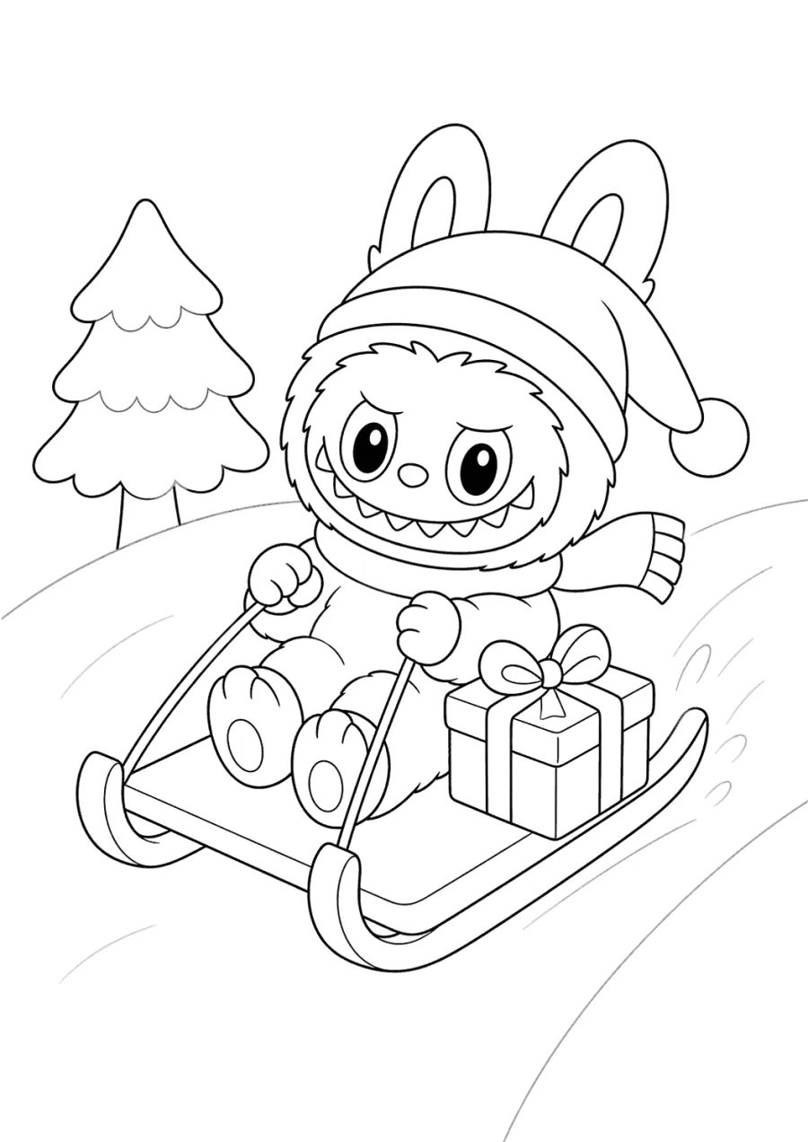 Christmas Labubu Riding a Sled with a Gift