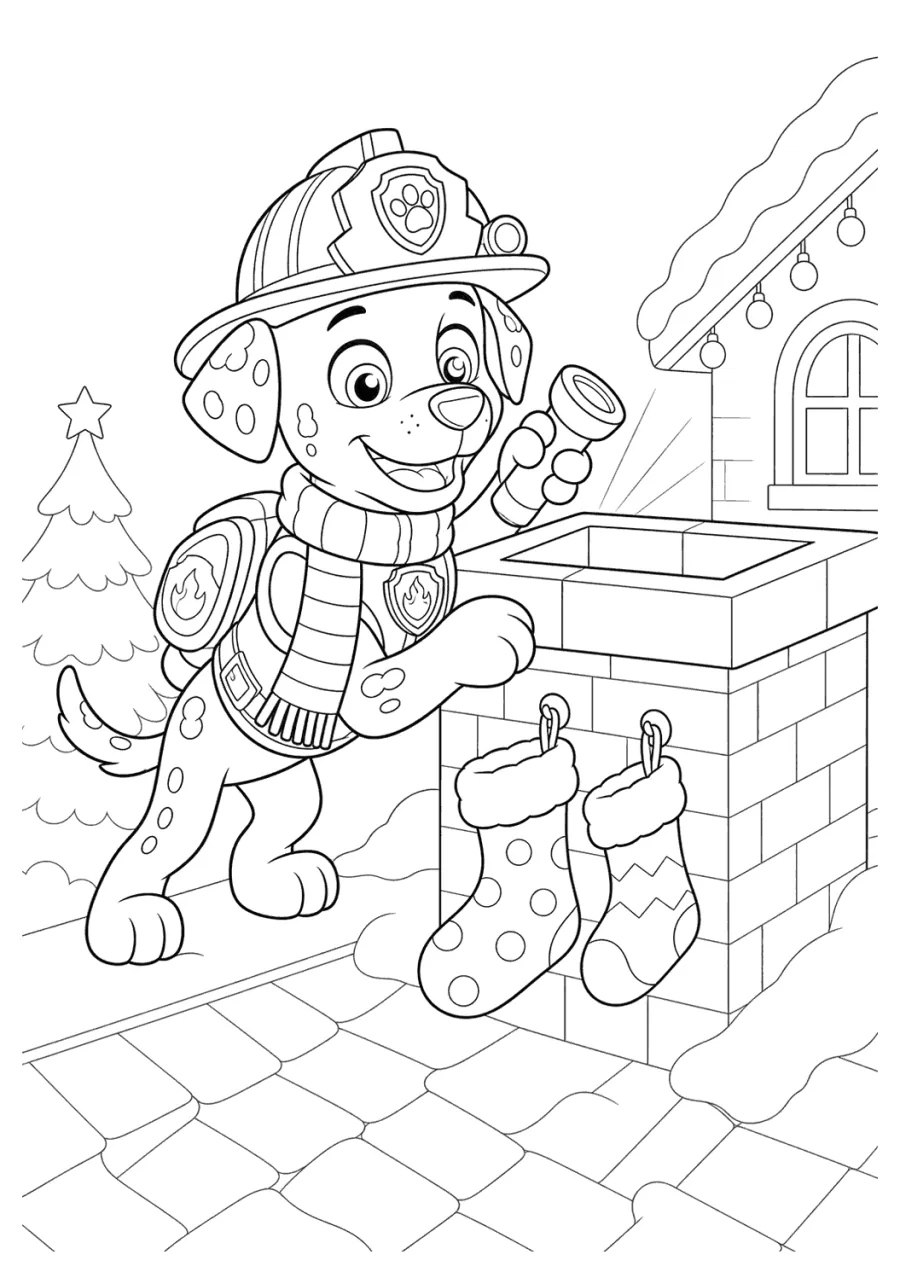 Christmas Marshall Hanging Stockings by a Chimney