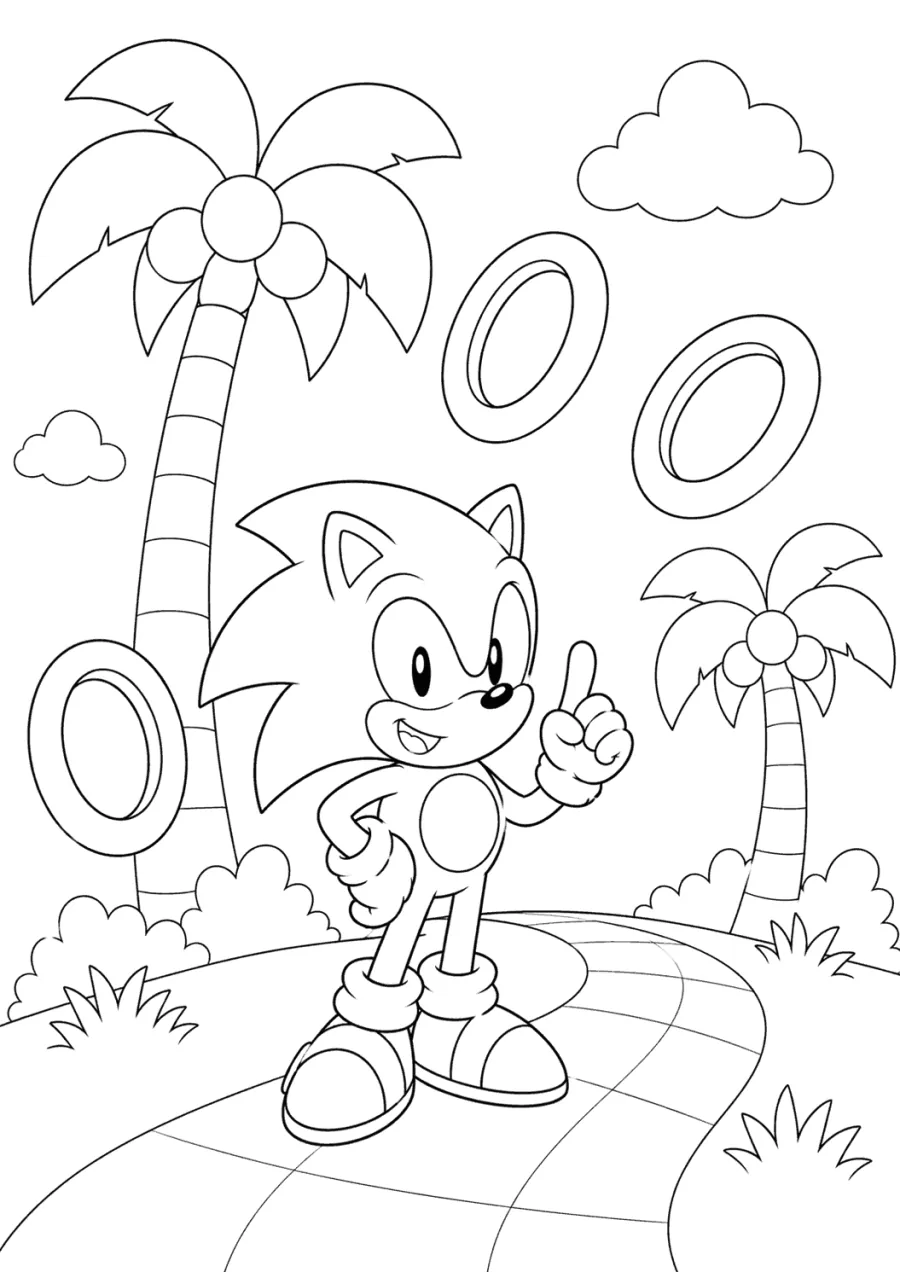 Classic Sonic Standing by Palm Trees and Rings