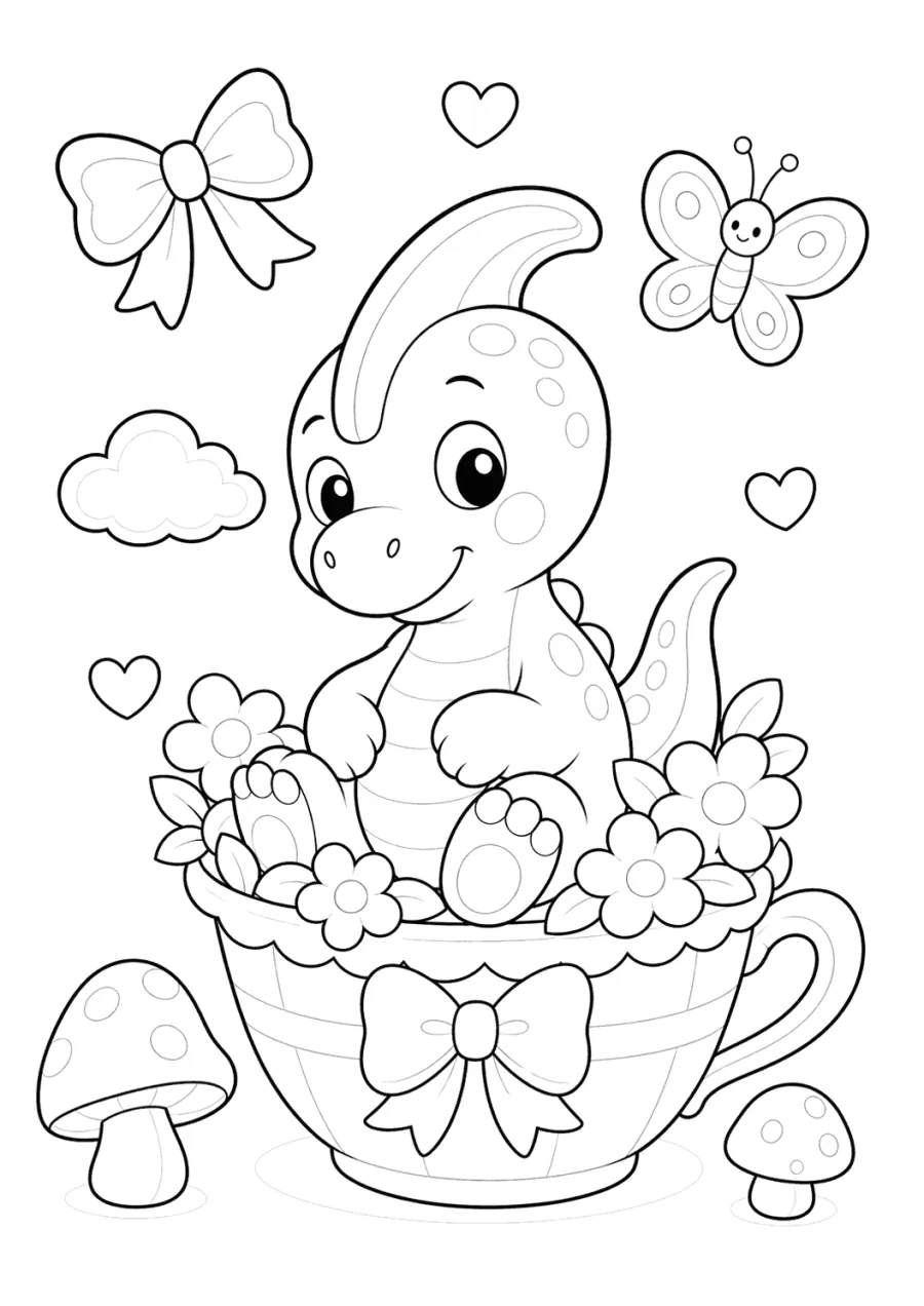 Cute Dinosaur Sitting in a Teacup