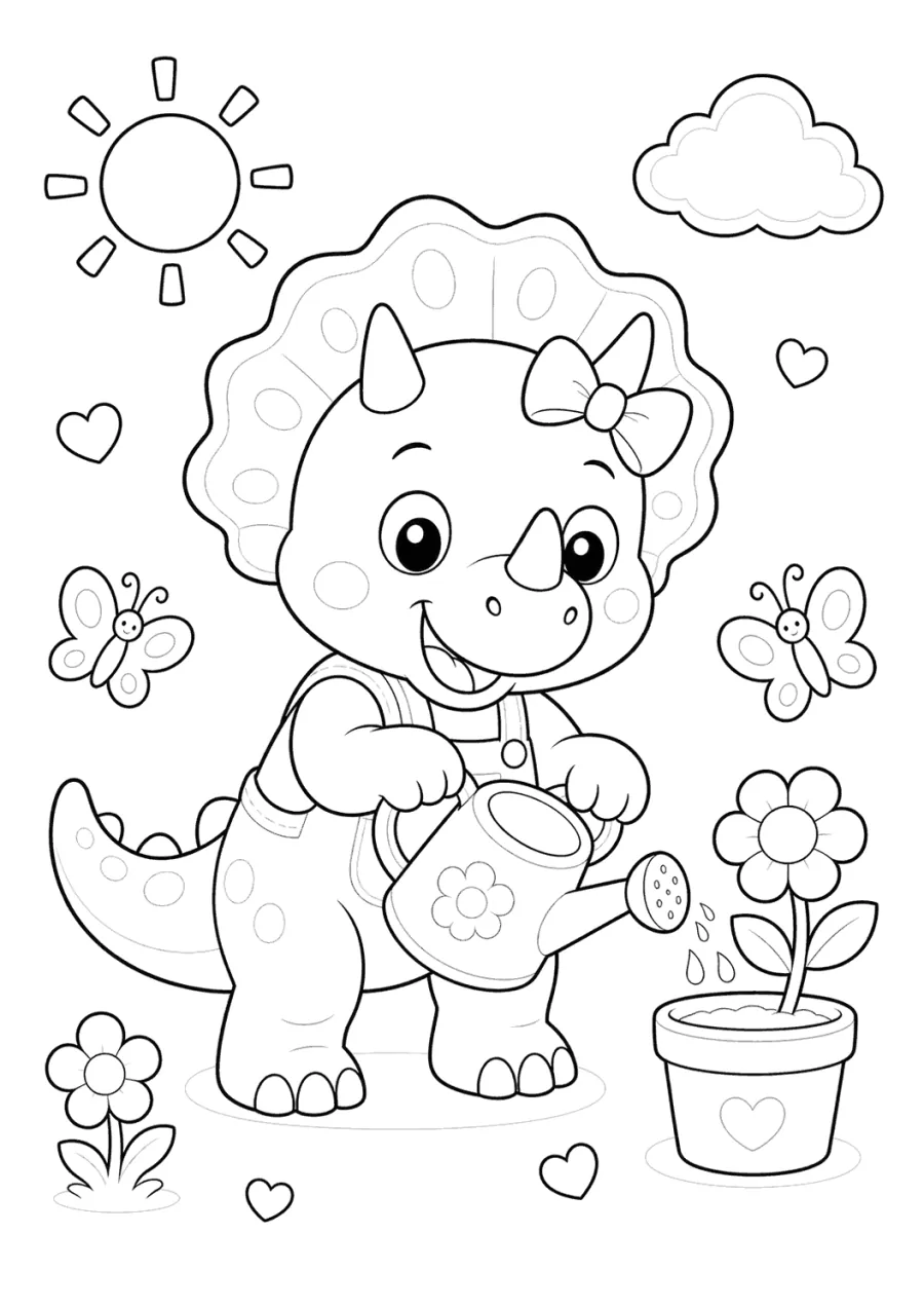 Cute Dinosaur Watering a Flower
