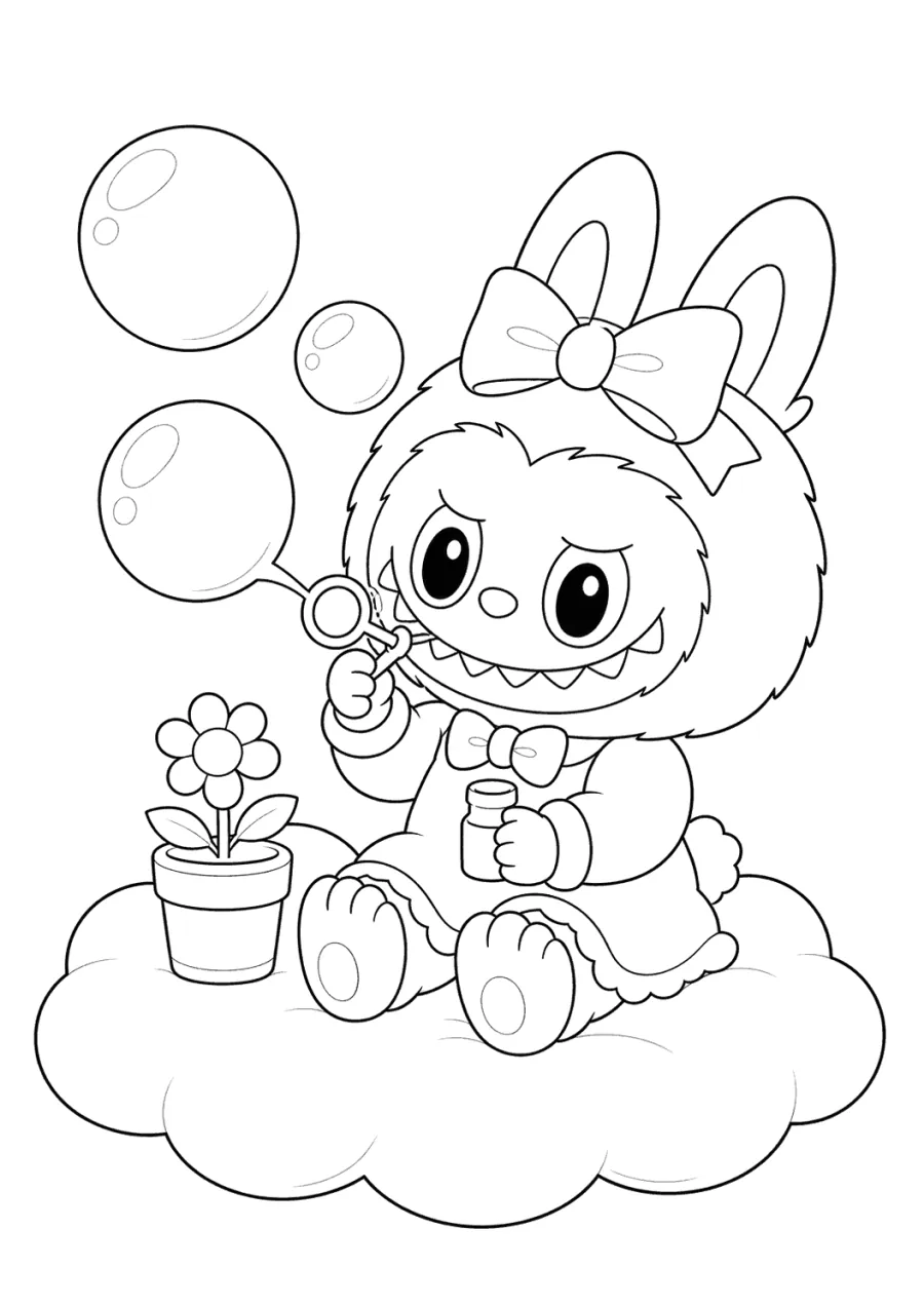 Cute Labubu Blowing Bubbles on a Cloud