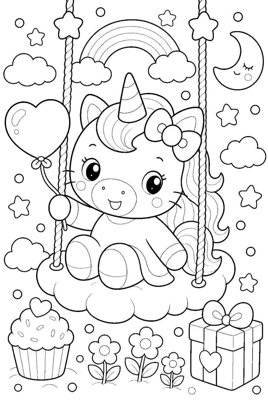 Cute Unicorn Sitting on a Cloud Swing