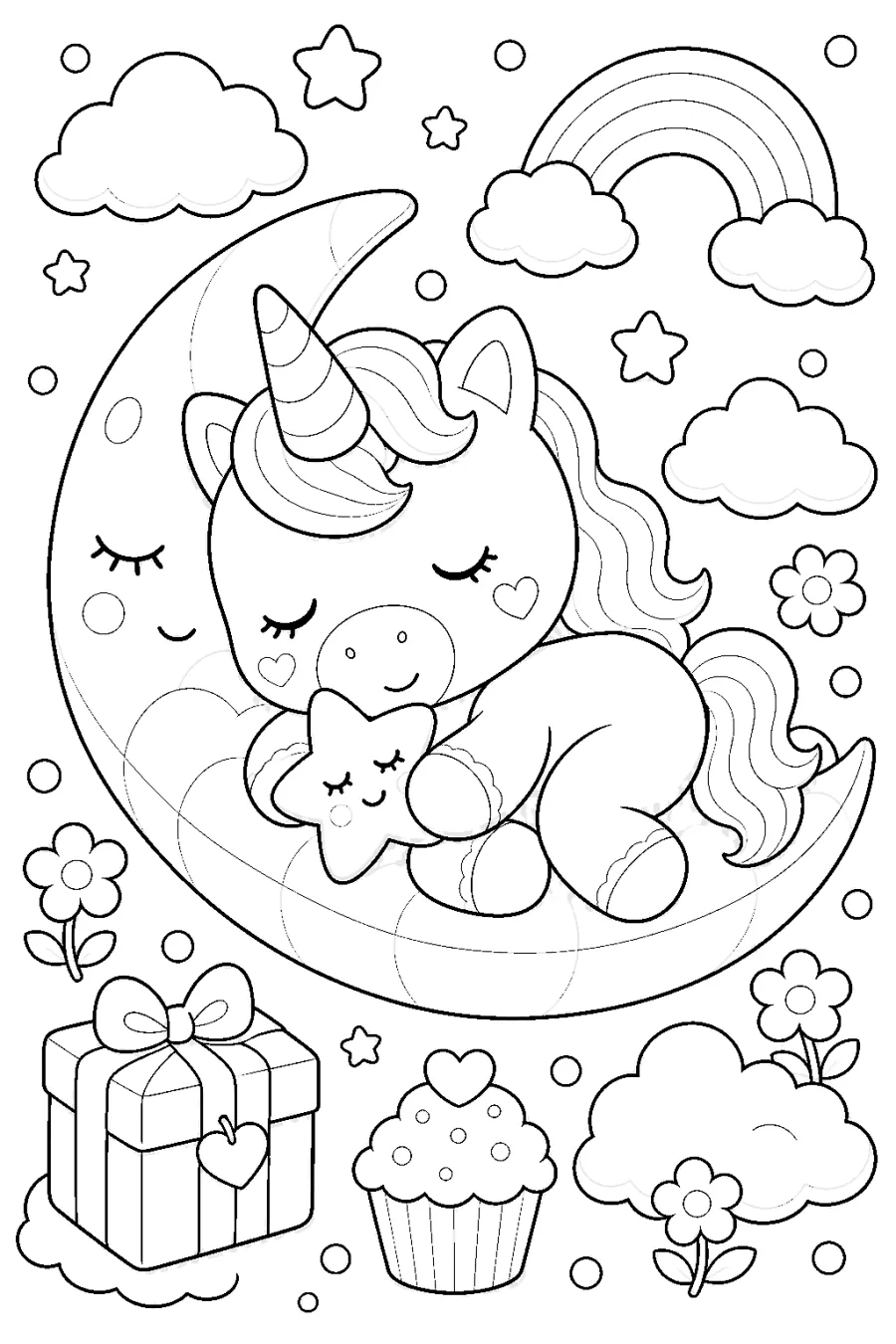 Cute Unicorn Sleeping on a Crescent Moon
