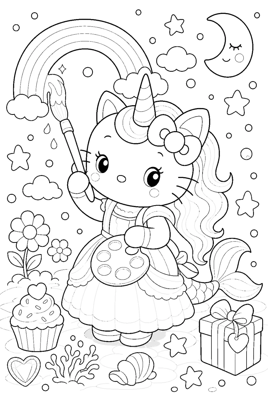 Cute Unicorn with Rainbow Wand and Gift