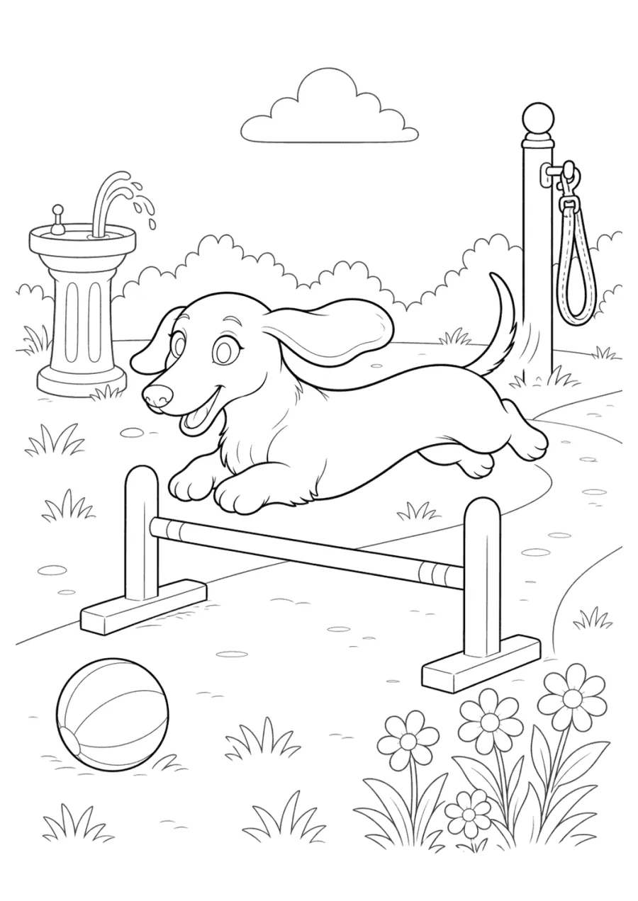 Dachshund Dog Jumping over a Park Hurdle