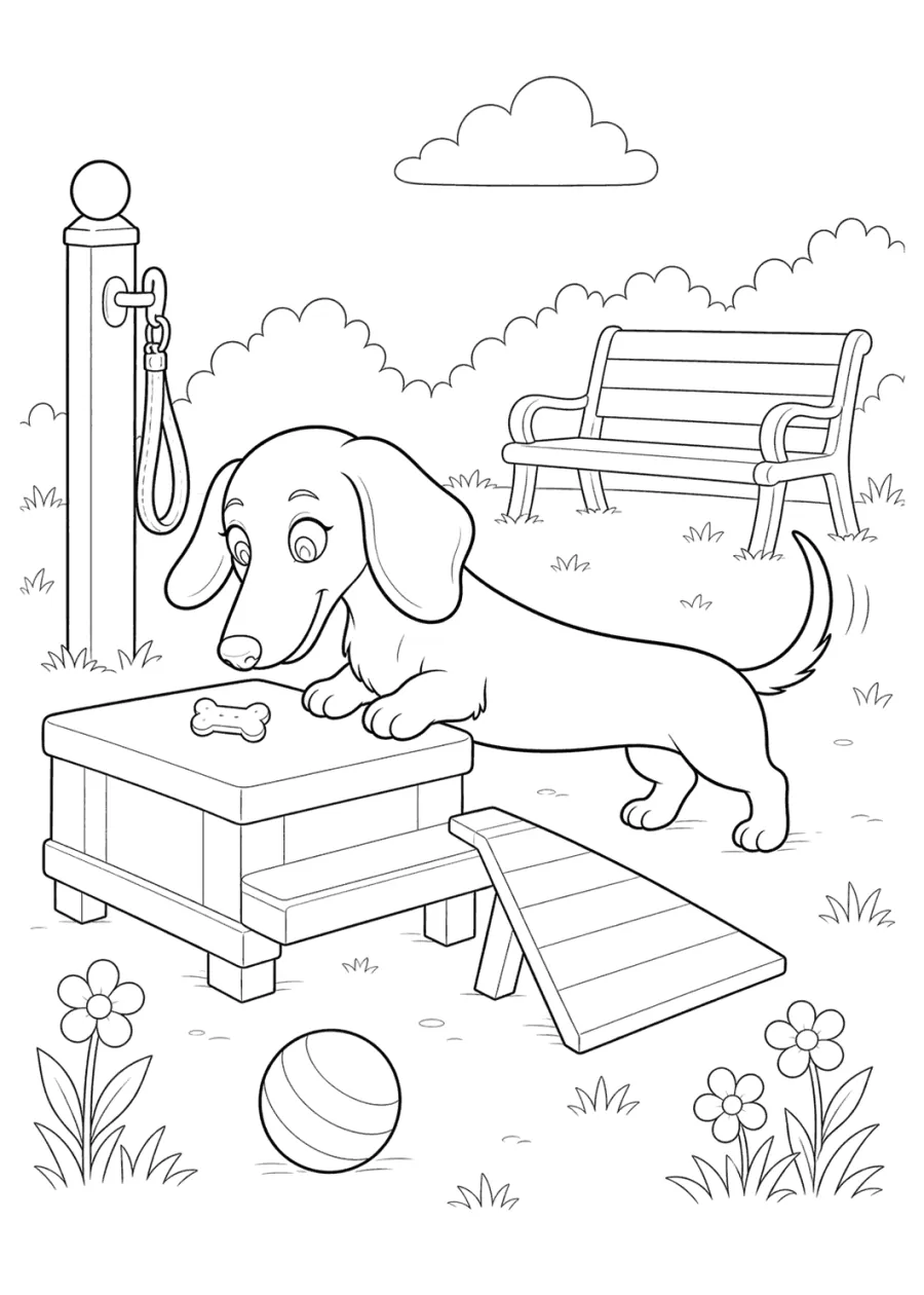 Dachshund Dog on a Park Bench