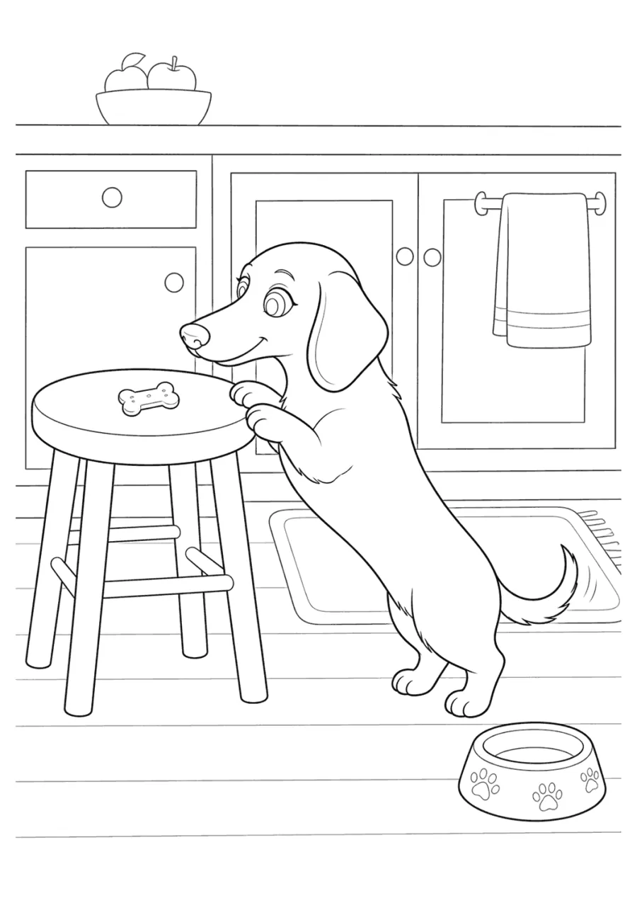 Dachshund Dog Reaching a Kitchen Stool