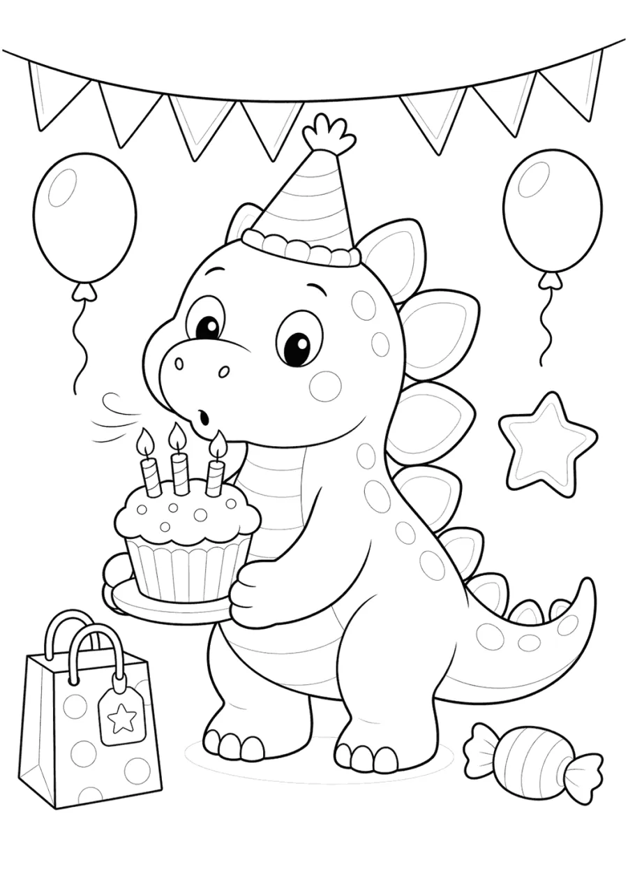 Dinosaur Holding a Birthday Cupcake