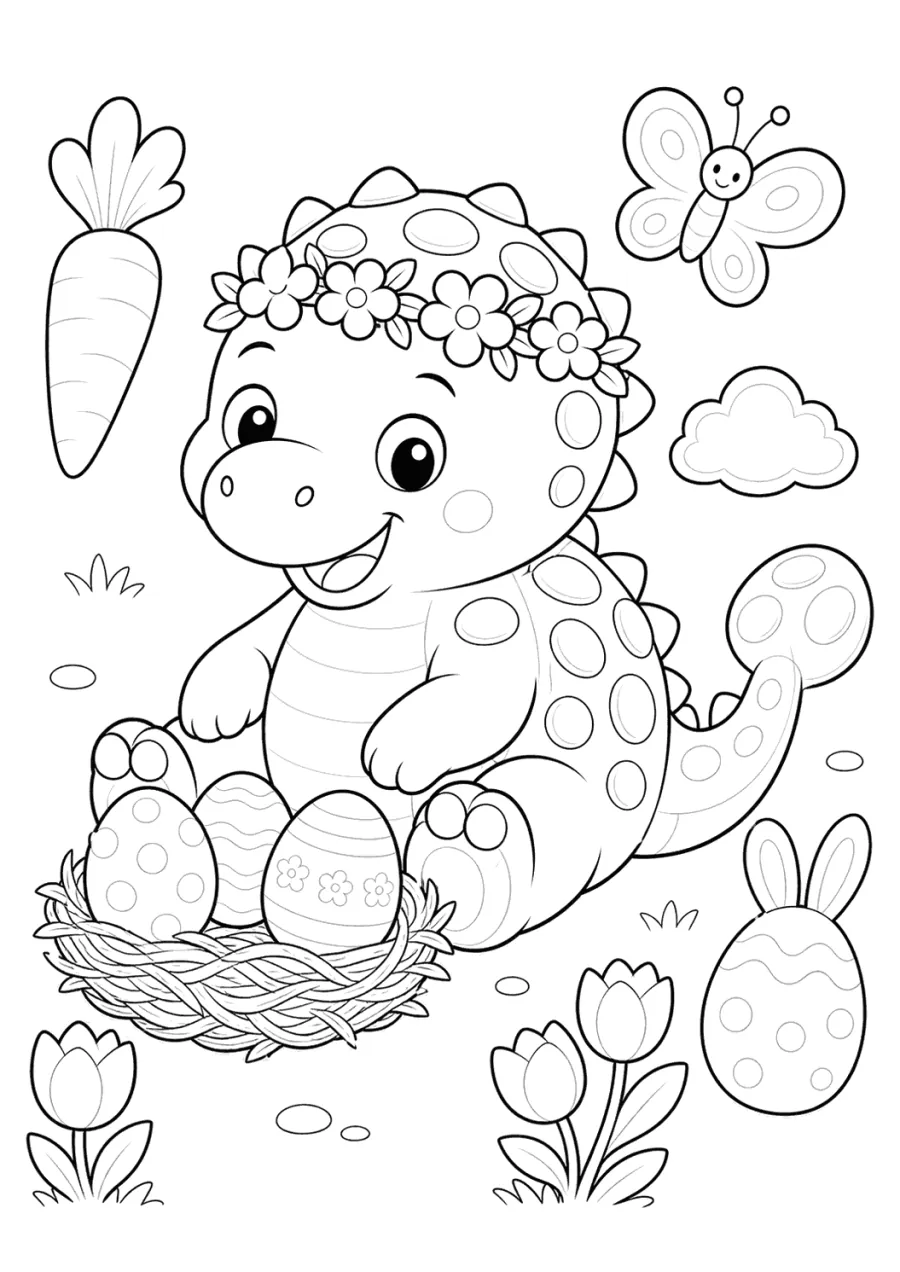 Dinosaur Sitting by an Easter Egg Nest
