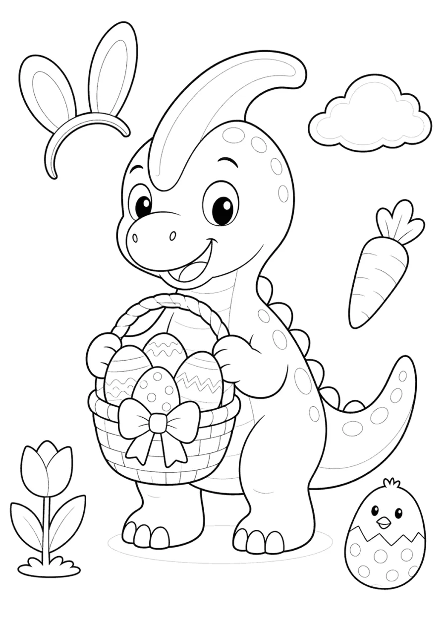 Easter Dinosaur Holding an Egg Basket