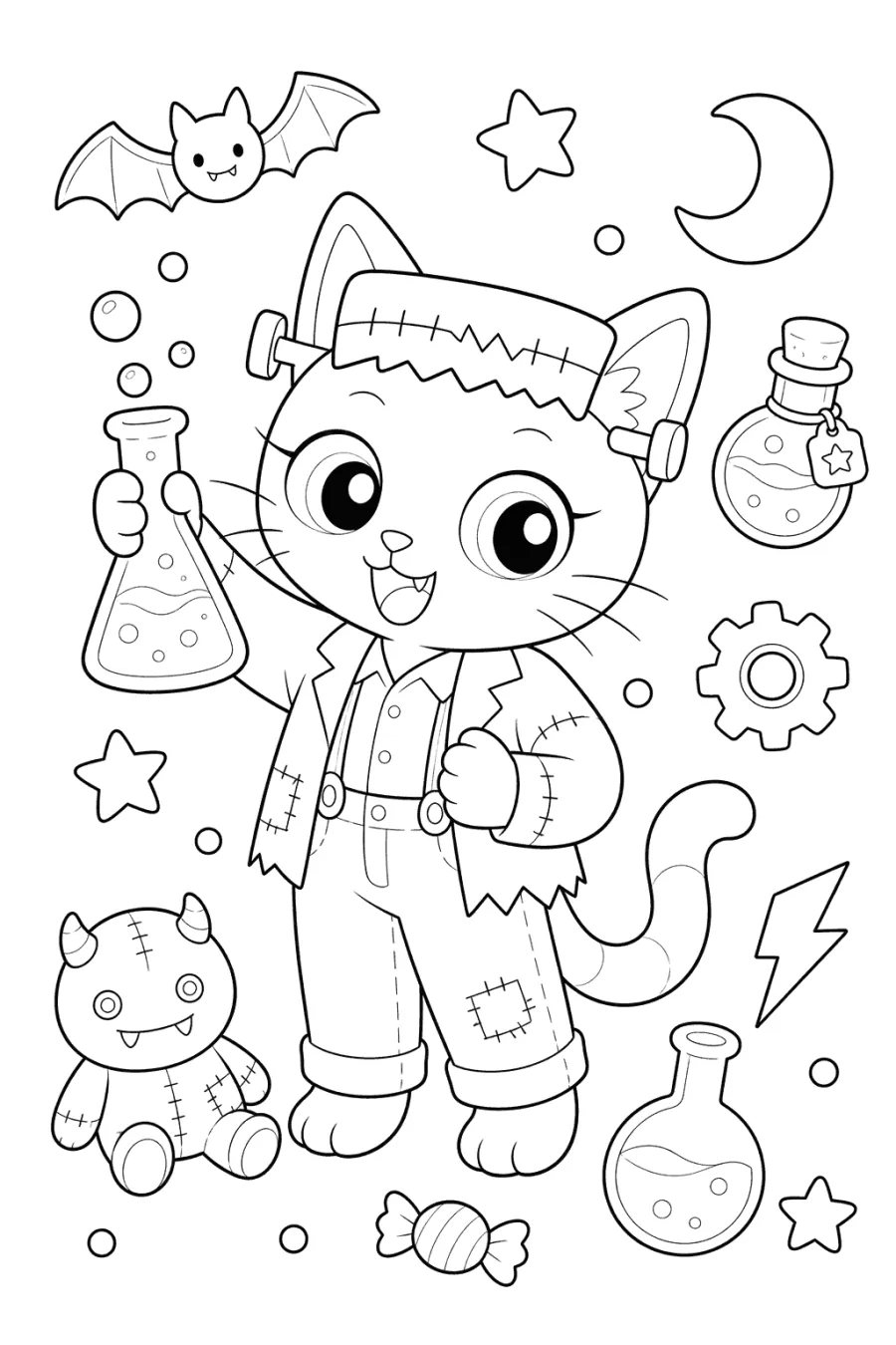 Frankenstein Cat with a Potion Bottle