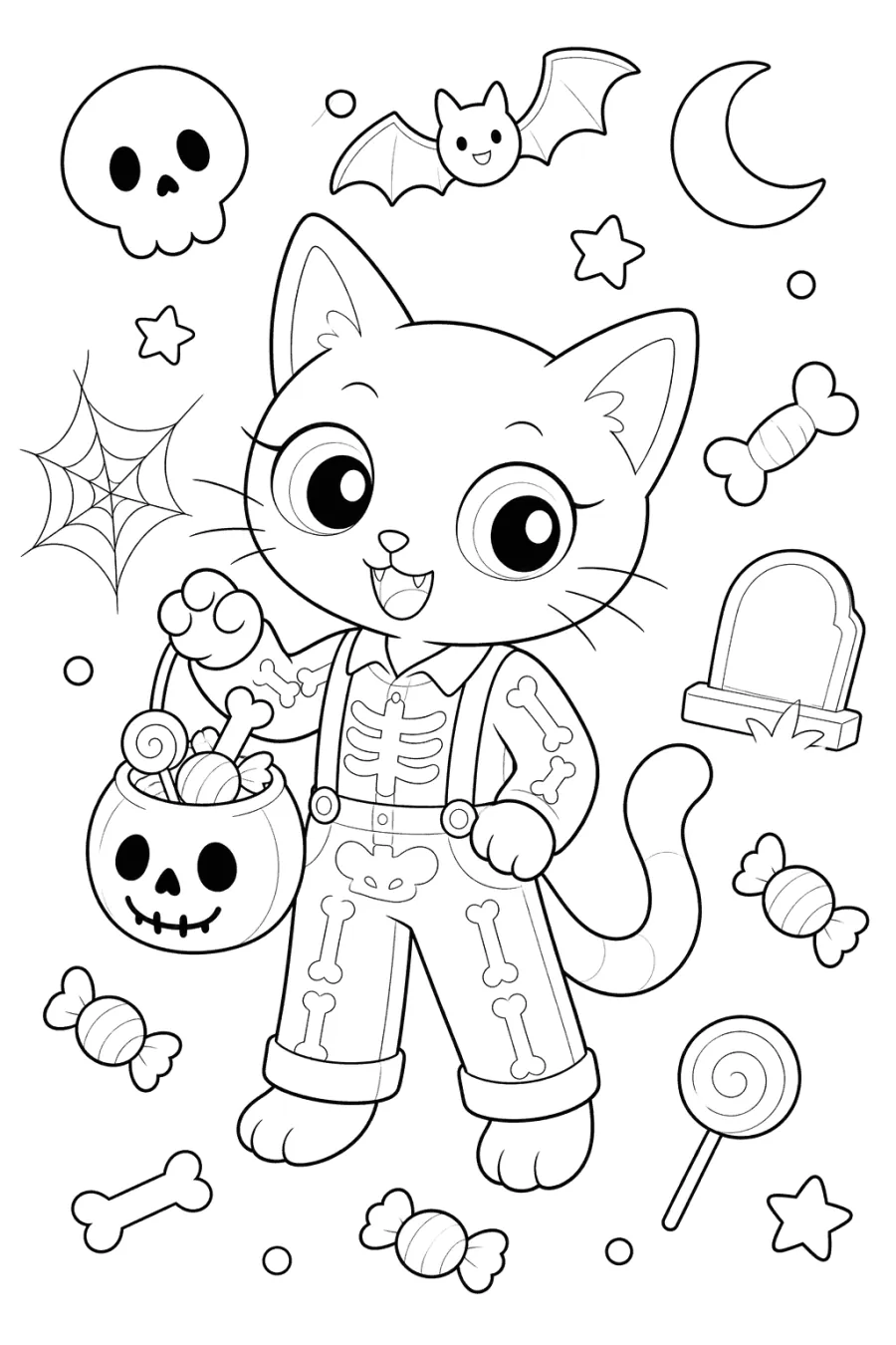 Halloween Cat Holding a Pumpkin Pail