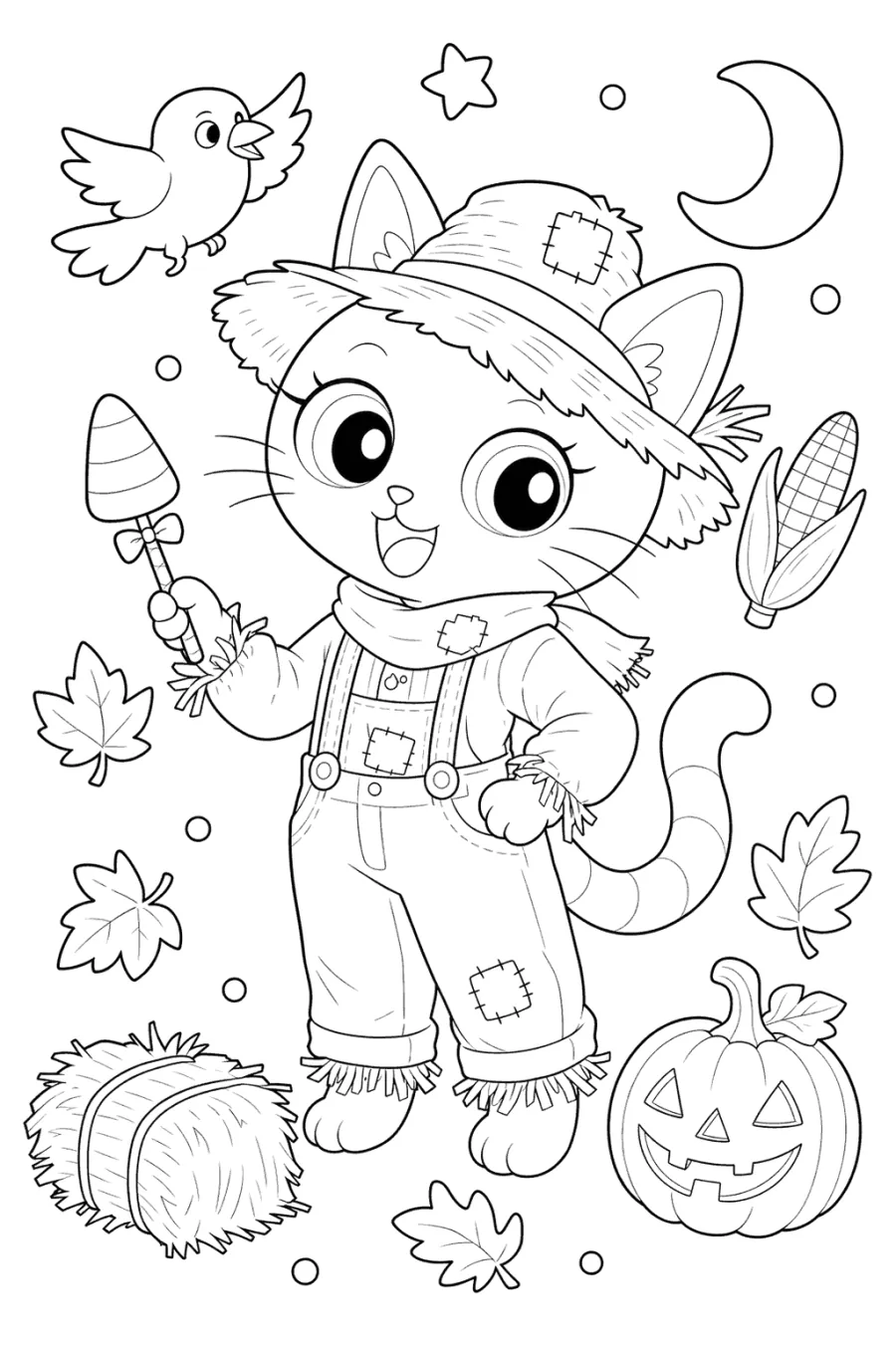 Halloween Cat in a Straw Hat with a Pumpkin