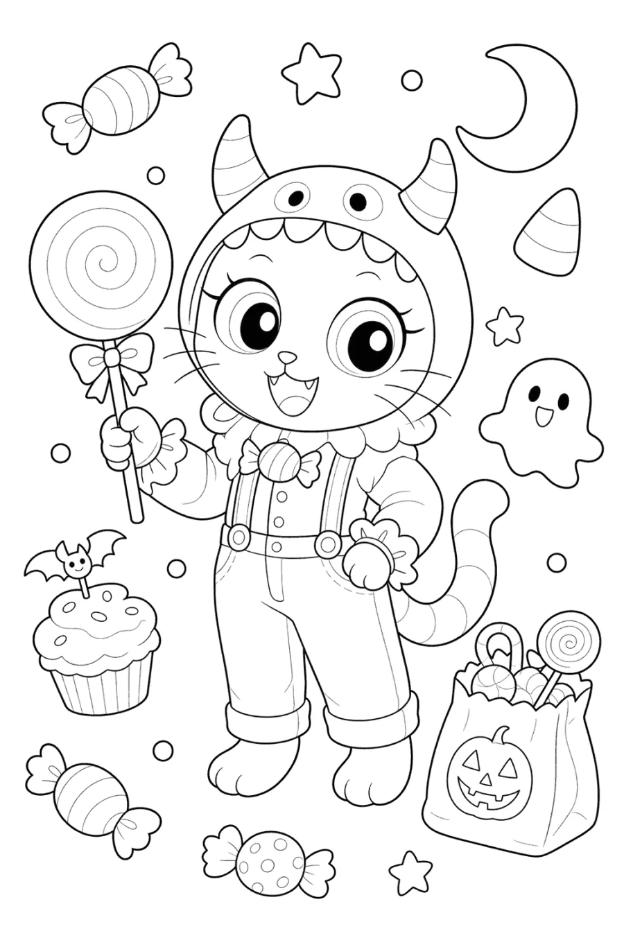 Halloween Cat with a Lollipop and Treat Bag