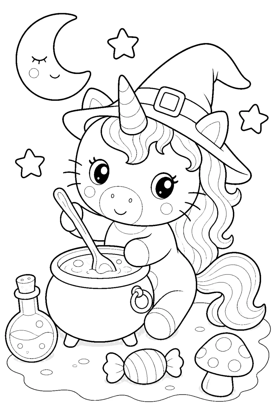 Halloween Unicorn Stirring a Cauldron