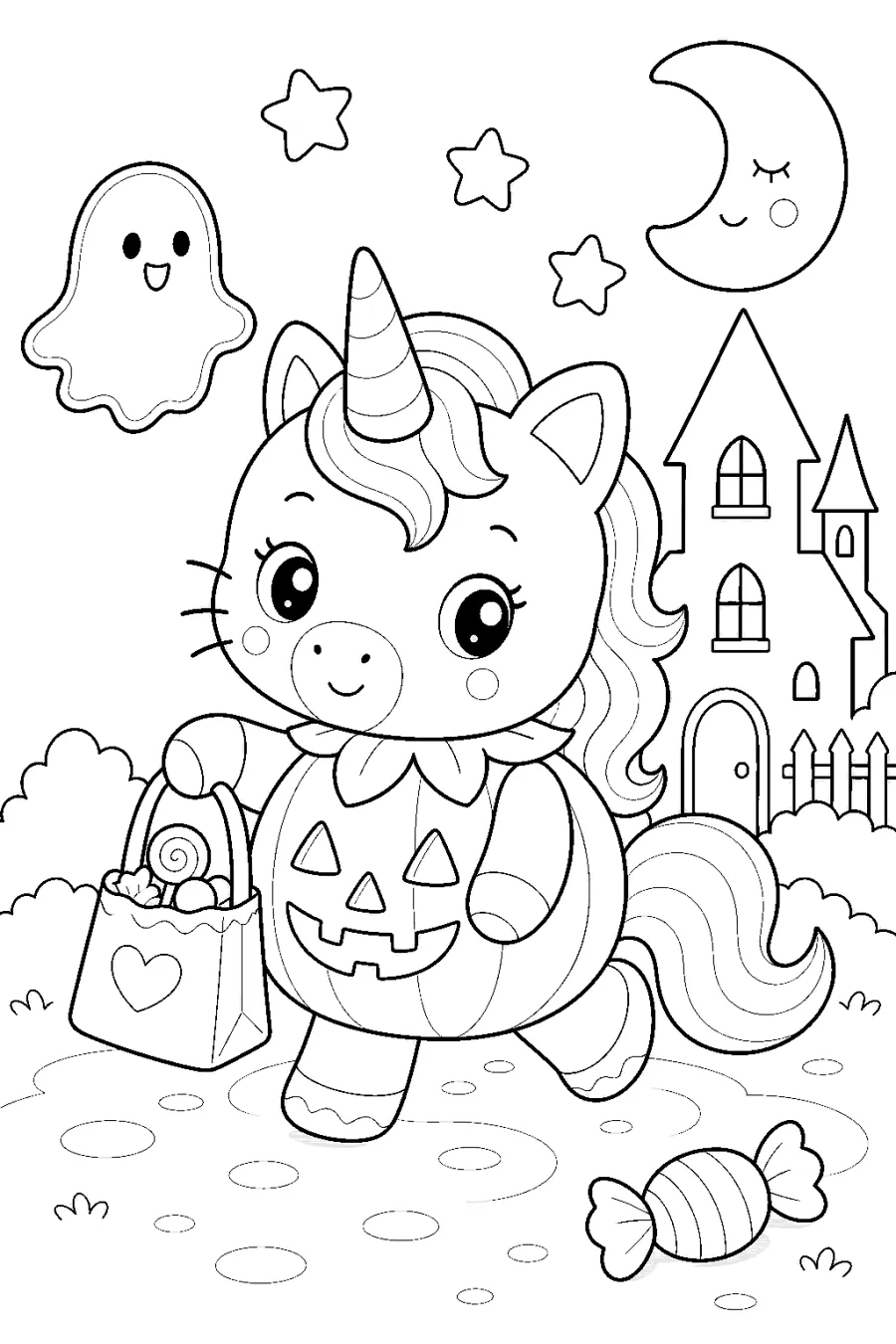 Halloween Unicorn Trick or Treating by a Castle