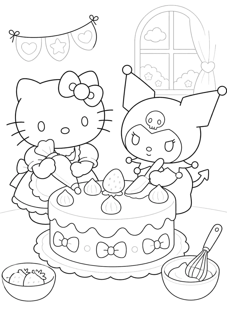 Hello Kitty and Kuromi Decorating a Cake