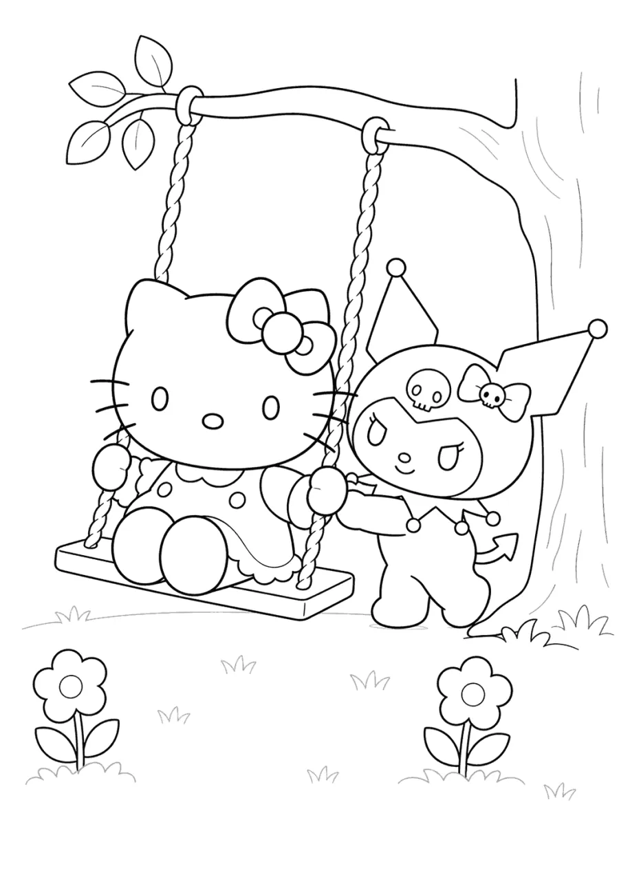 Hello Kitty and Kuromi on a Swing
