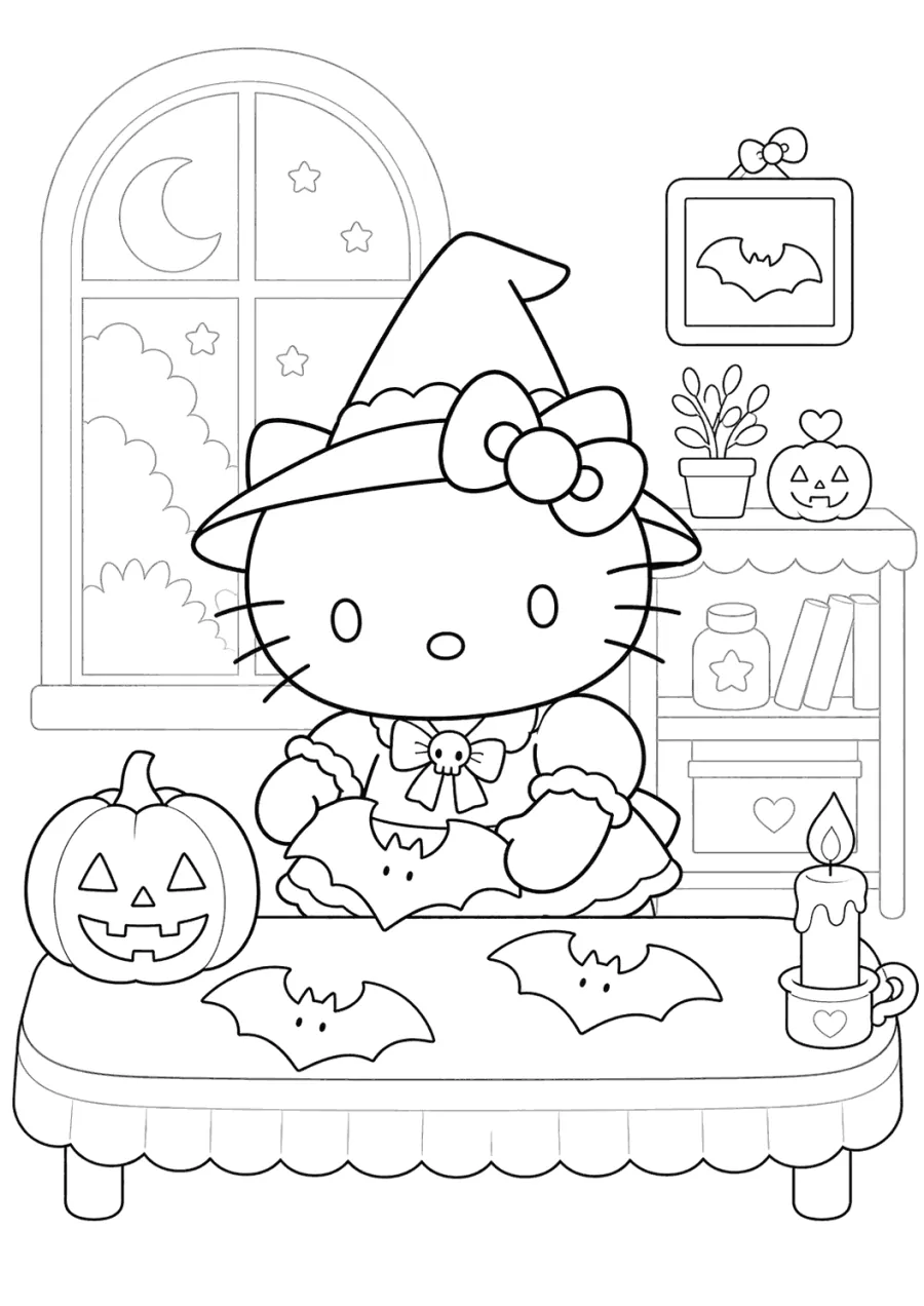 Hello Kitty by a Moon Window with Bat Decorations