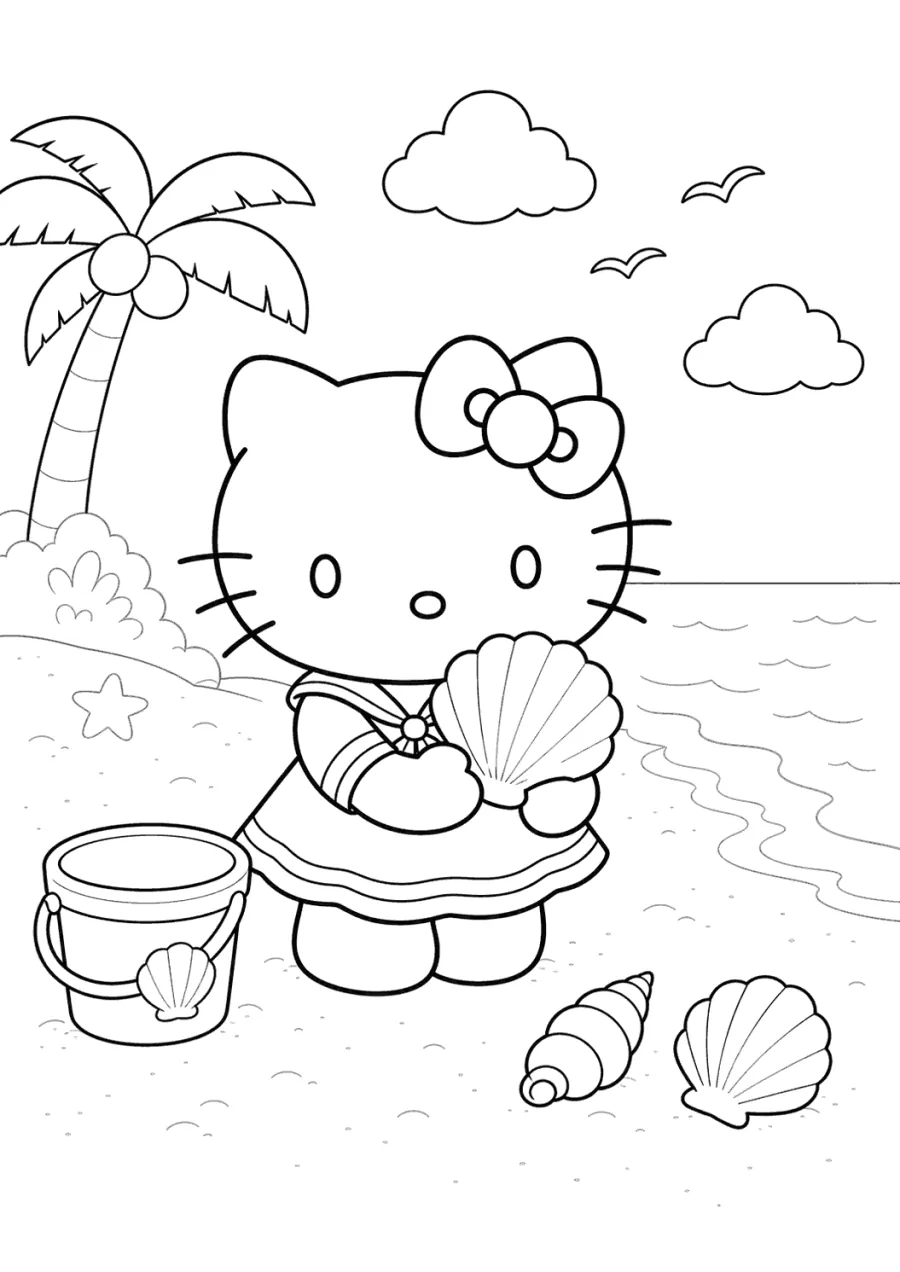 Hello Kitty Holding a Seashell at the Beach