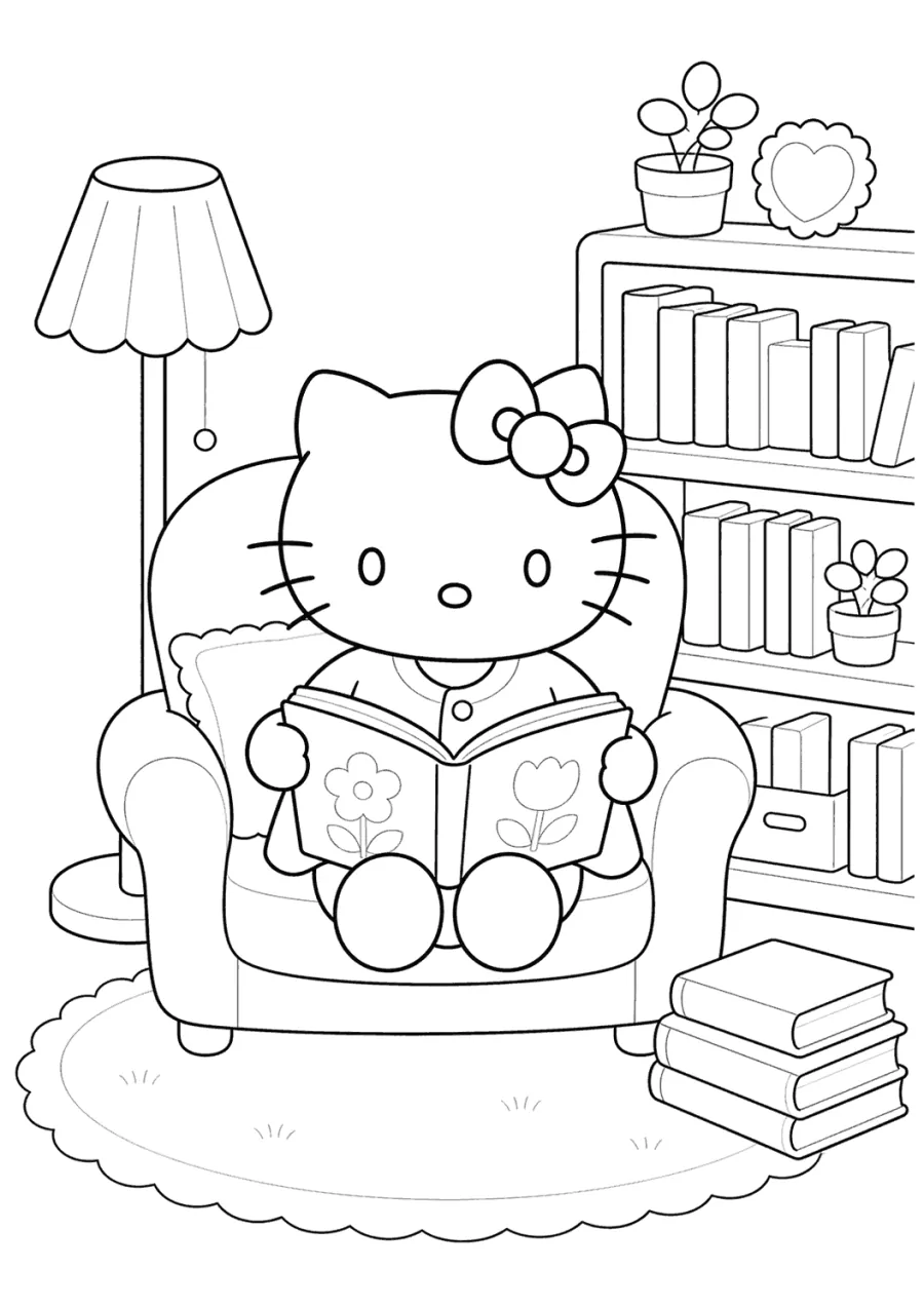 Hello Kitty Reading in a Library