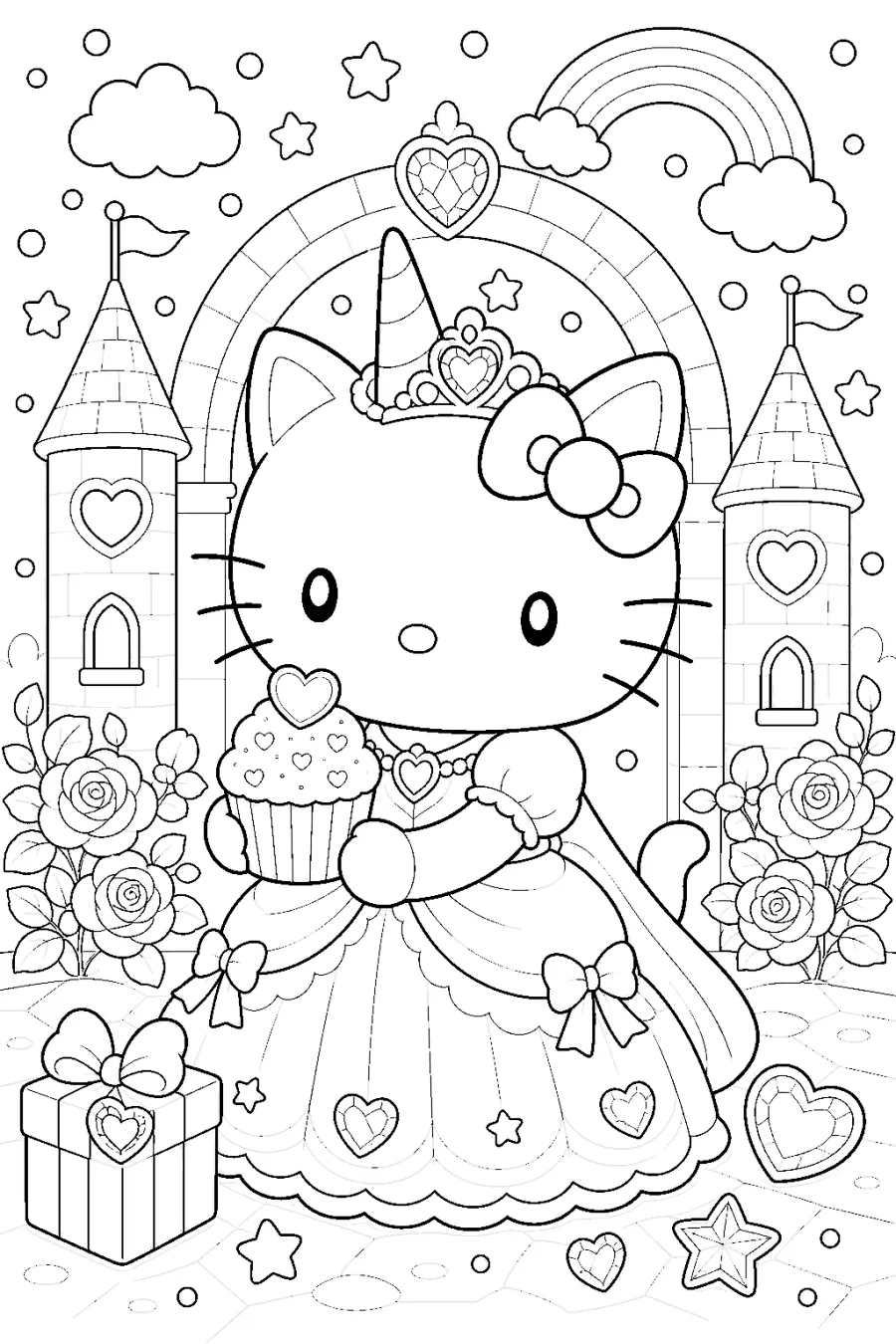 Hello Kitty Unicorn Princess by a Rainbow Castle