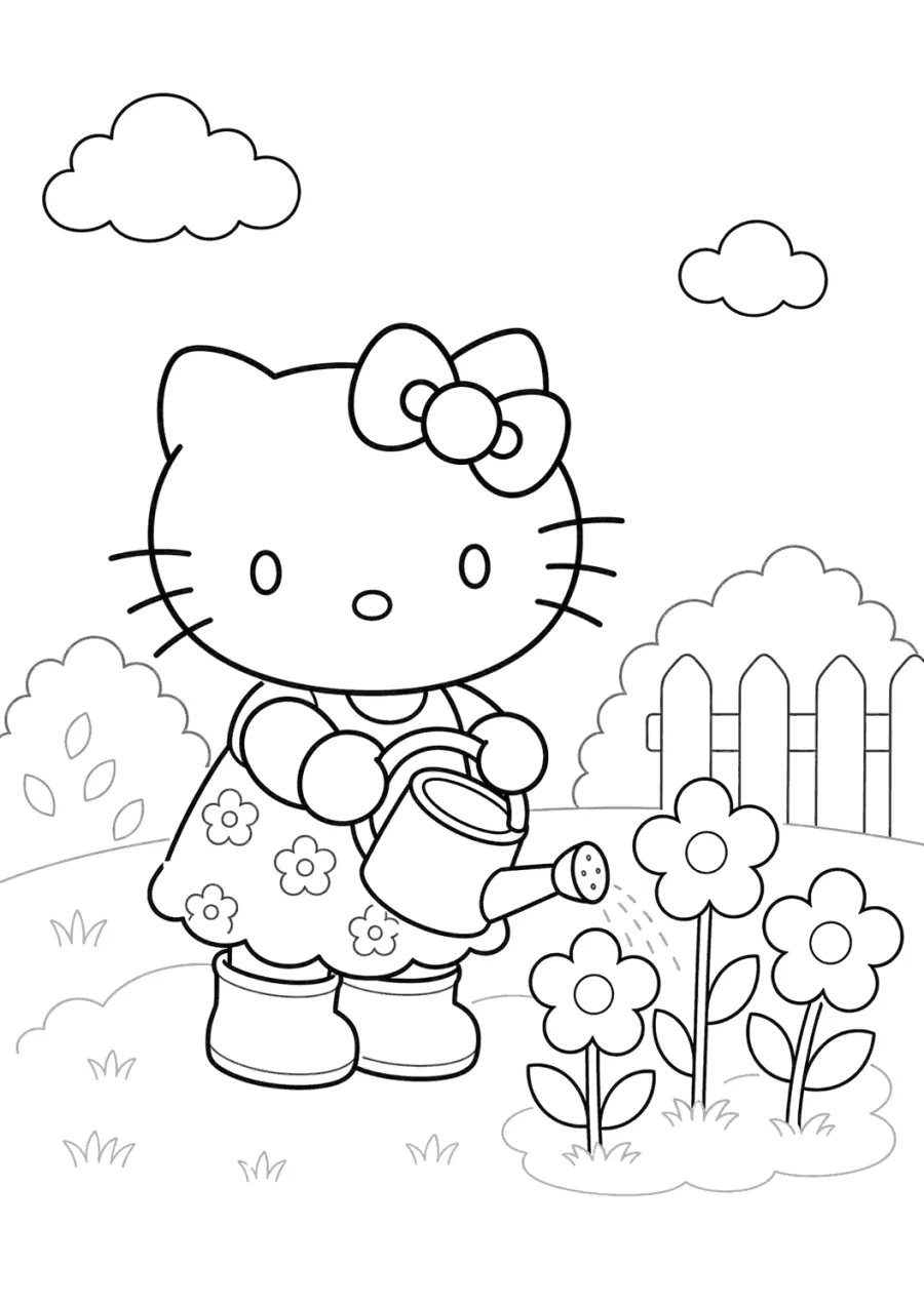 Hello Kitty Watering Flowers in a Garden