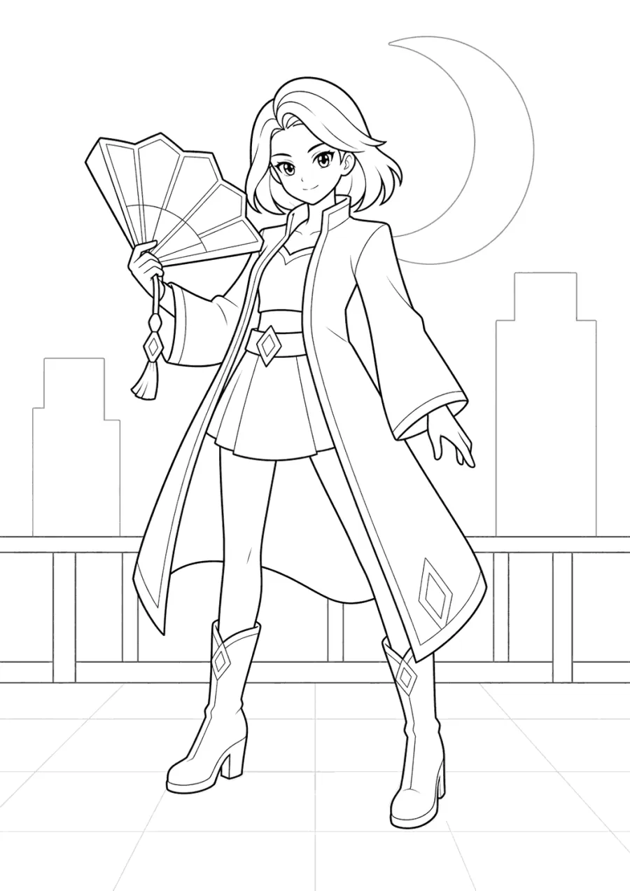 K-pop Demon Hunters Girl Holding a Fan on a Rooftop