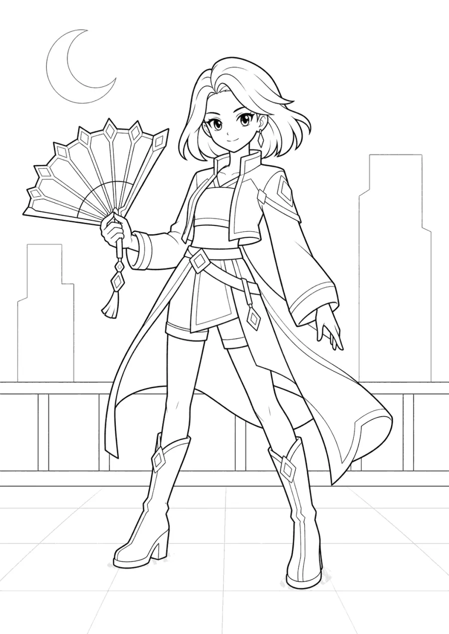 K-pop Demon Hunters Girl with a Fan on a Rooftop