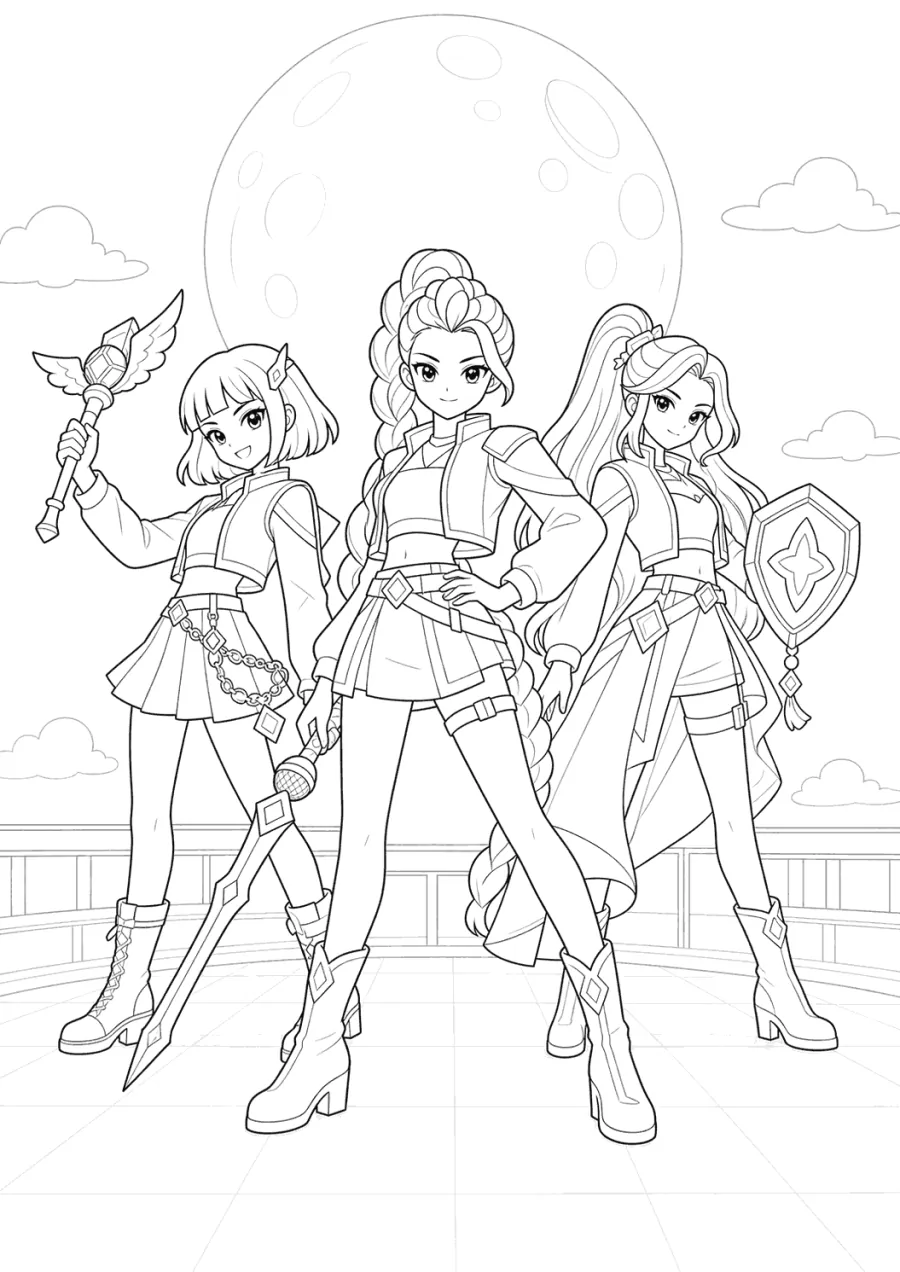 K-pop Demon Hunters Team on a Moonlit Rooftop