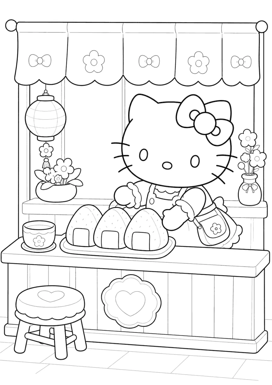 Kawaii Hello Kitty at an Onigiri Cafe