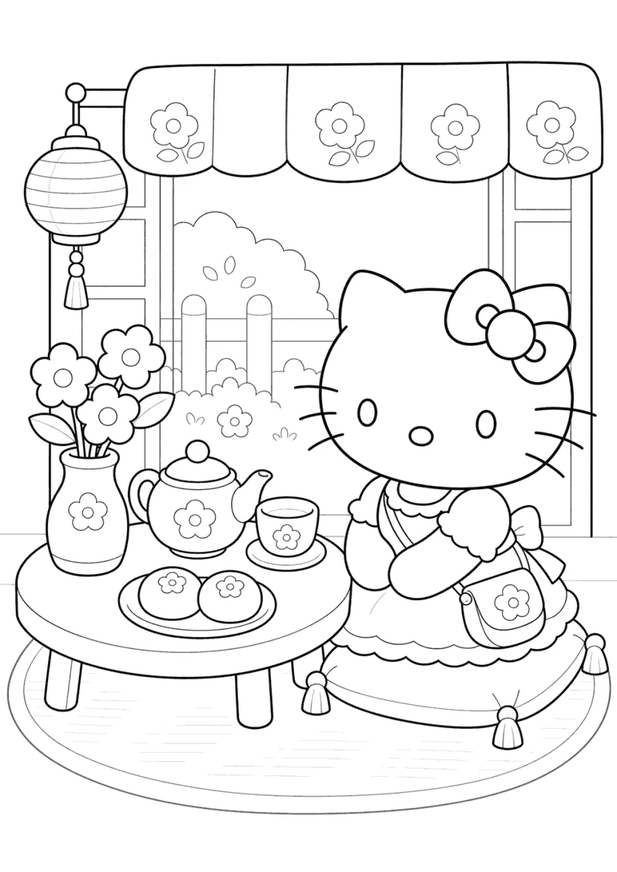 Kawaii Hello Kitty in a Flower Tea Room