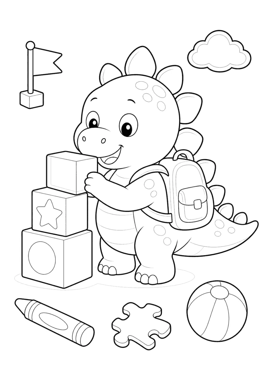 Kid Dinosaur Building with Blocks