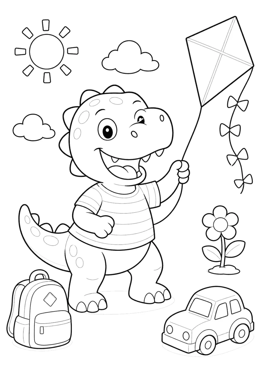 Kid Dinosaur Flying a Kite