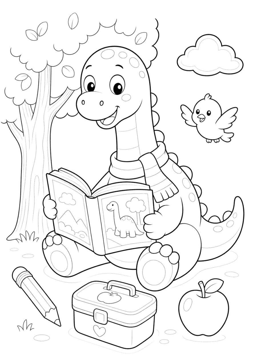 Kid Dinosaur Reading under a Tree