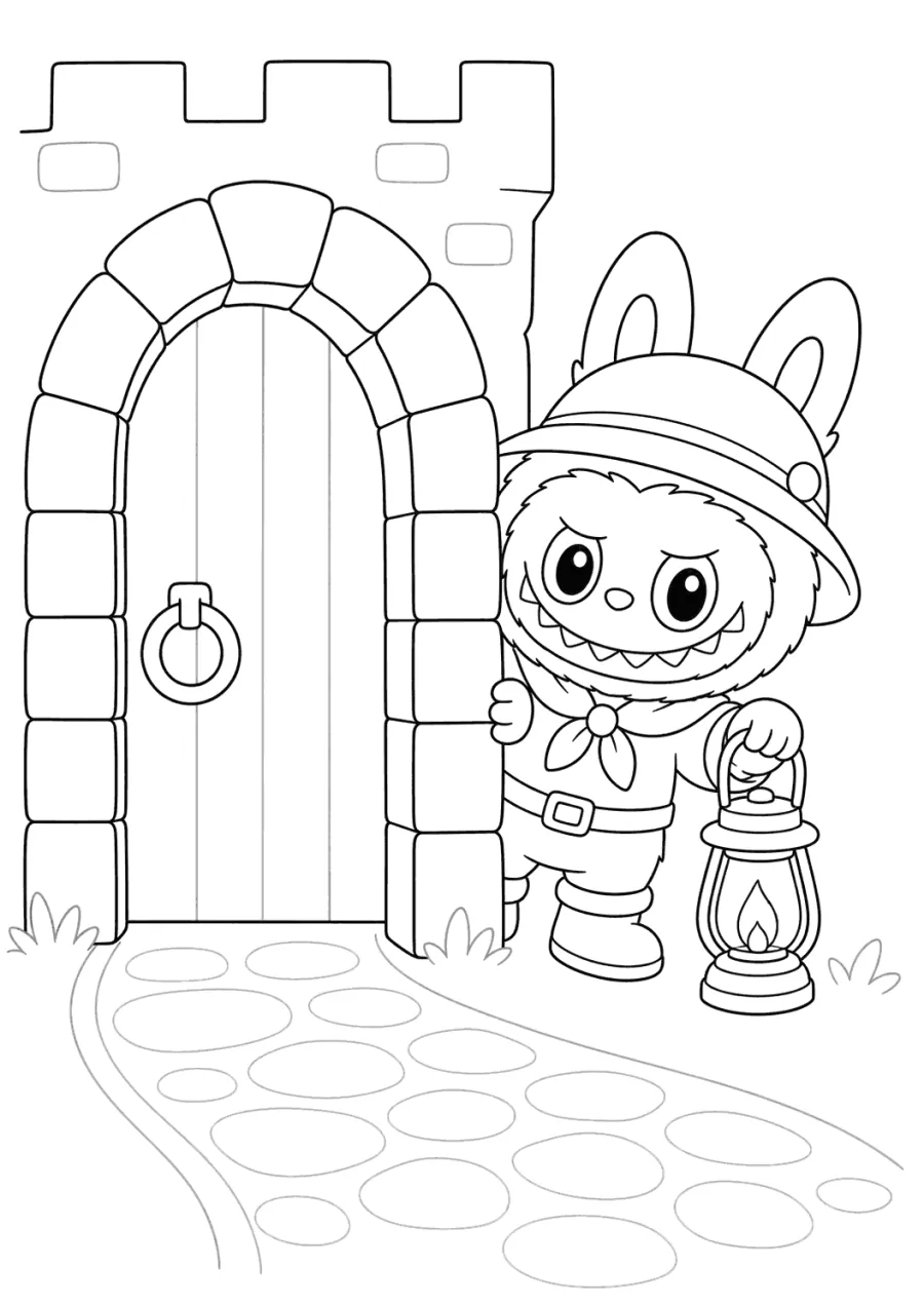 Labubu at a Castle Doorway with Lantern
