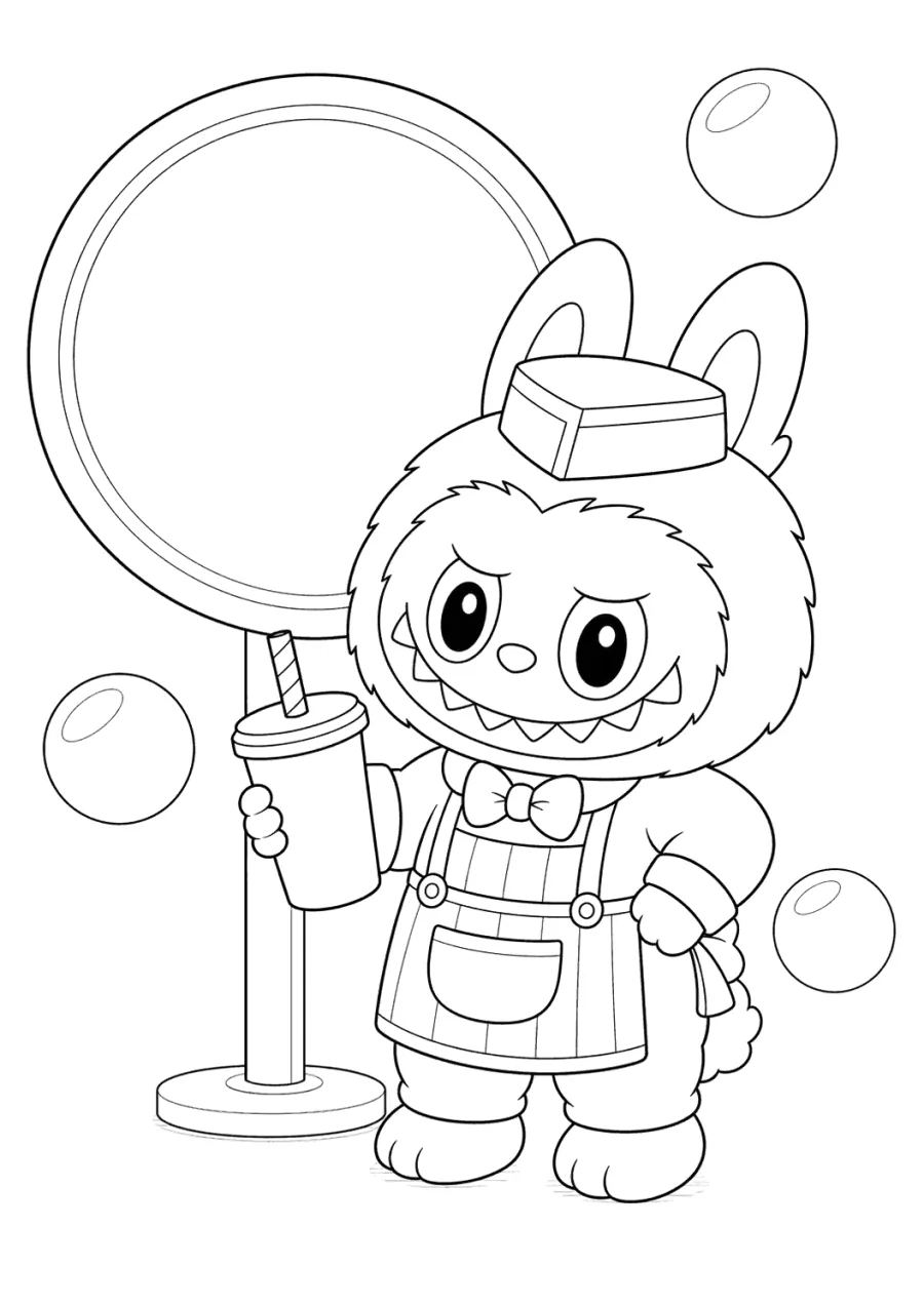 Labubu Beside a Round Soda Shop Sign
