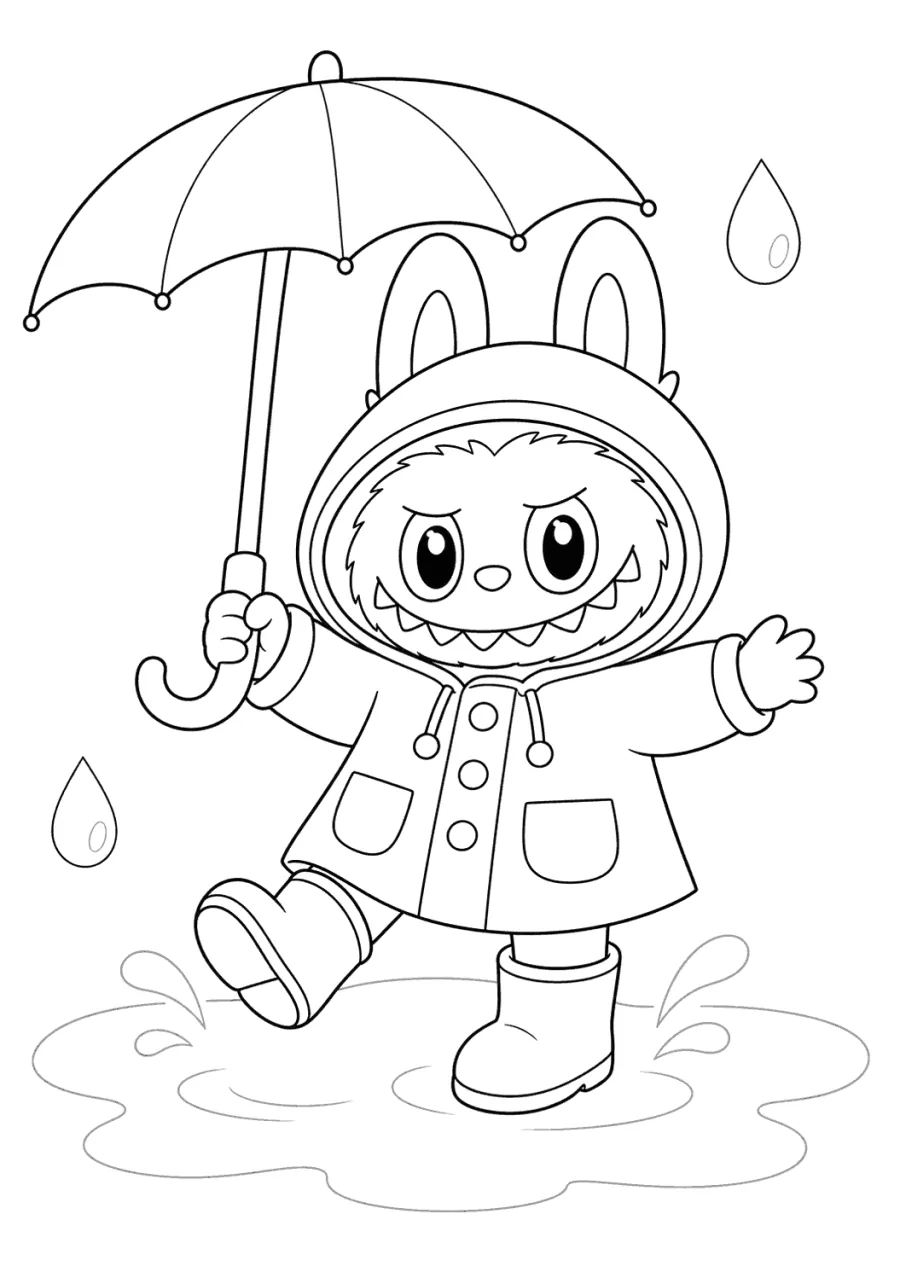 Labubu in a Raincoat Splashing in a Puddle