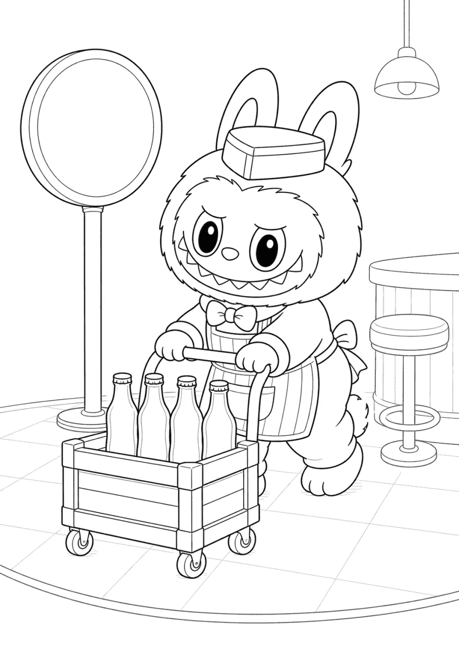 Labubu Pushing a Crate of Soda Bottles