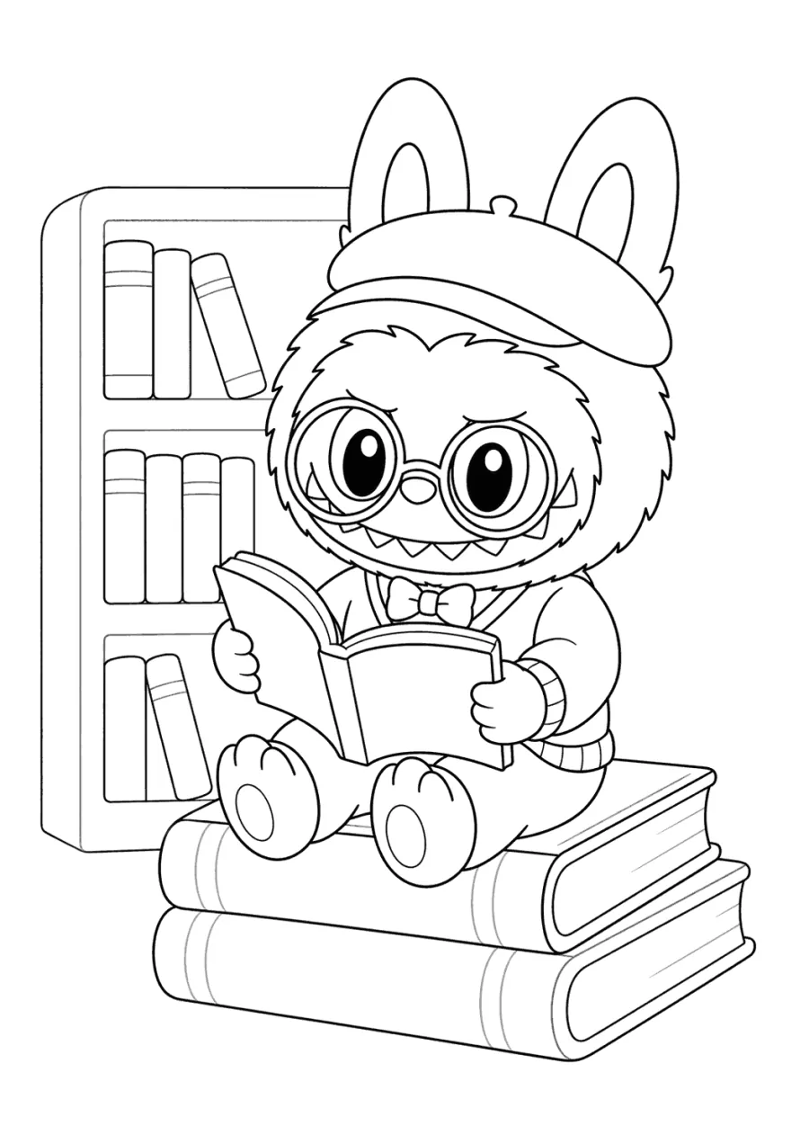 Labubu Reading Books in a Library