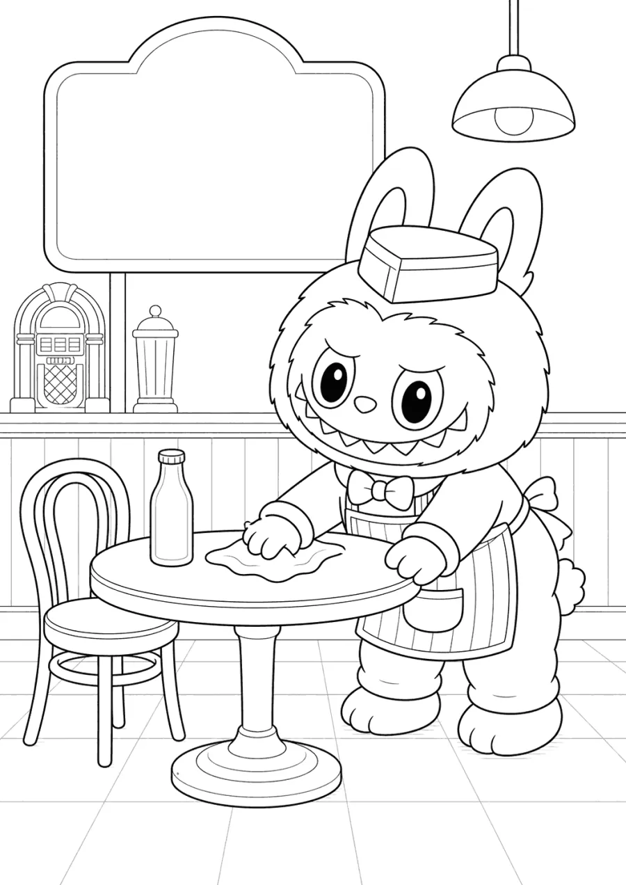 Labubu Serving Soda at a Cafe Table