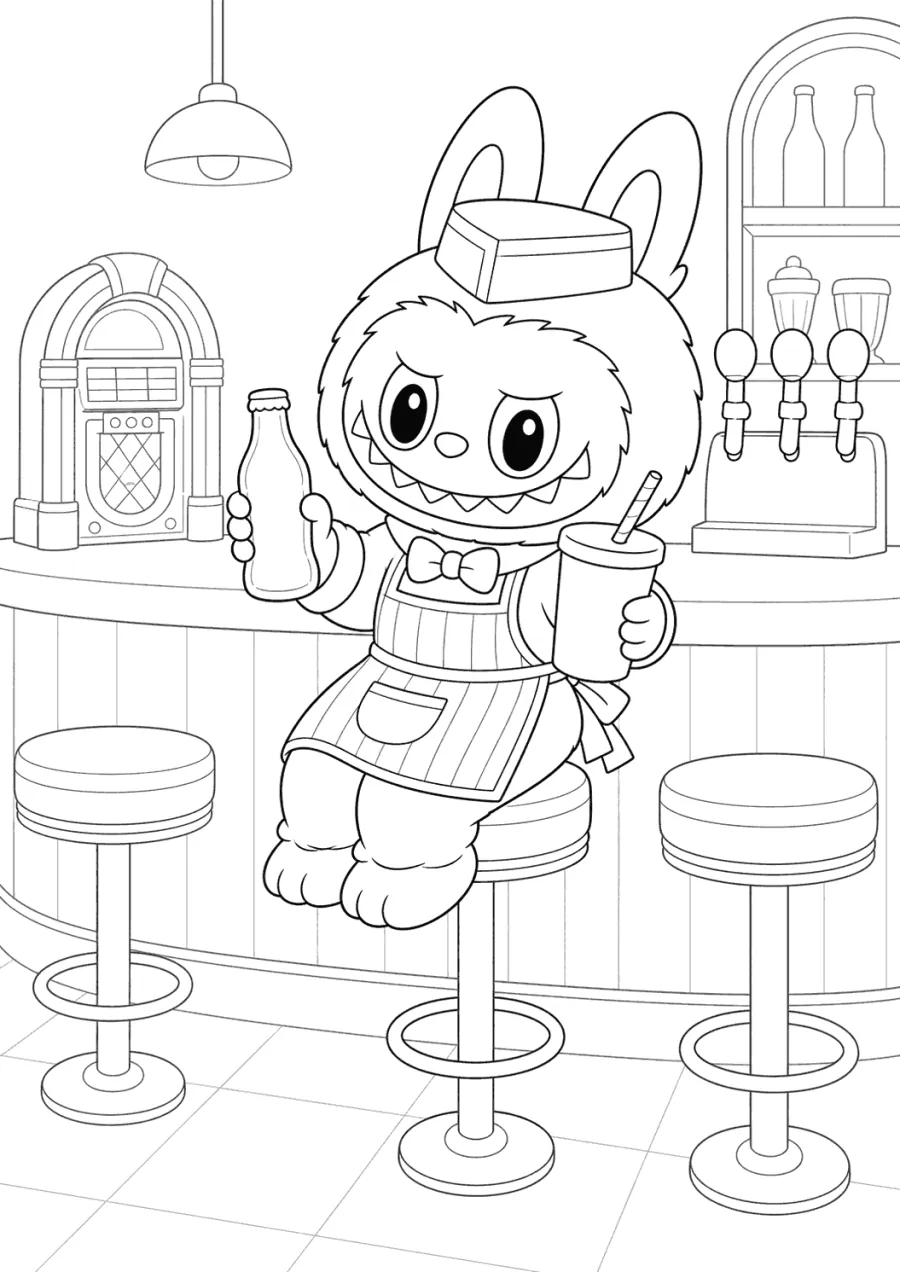Labubu Sitting at a Retro Soda Counter