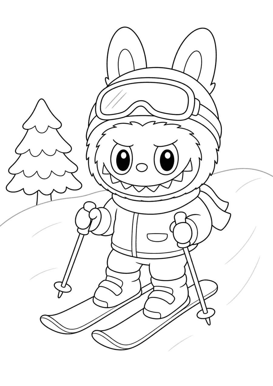 Labubu Snow Skier on a Winter Hill
